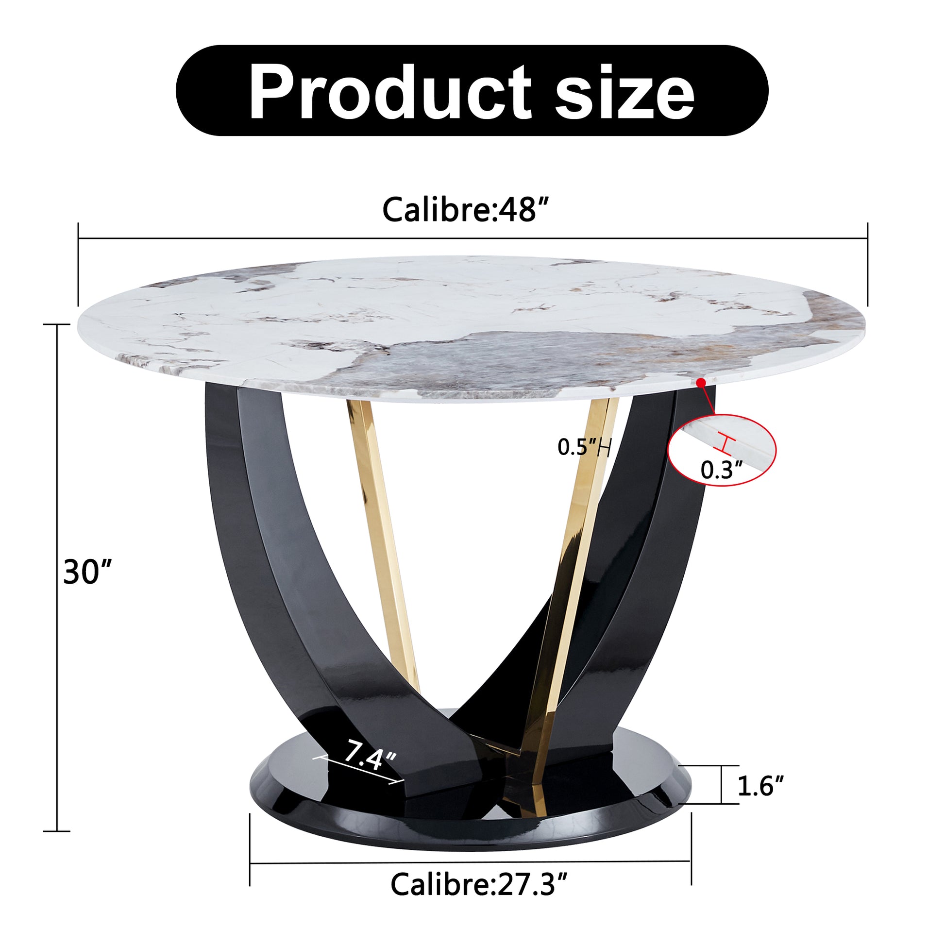 Modern Minimalist Circular Glass Tabletop With A Diameter Of 48 Inches, Paired With Black Mdf Legs. Suitable For Restaurants And Living Rooms. White Mdf Glass