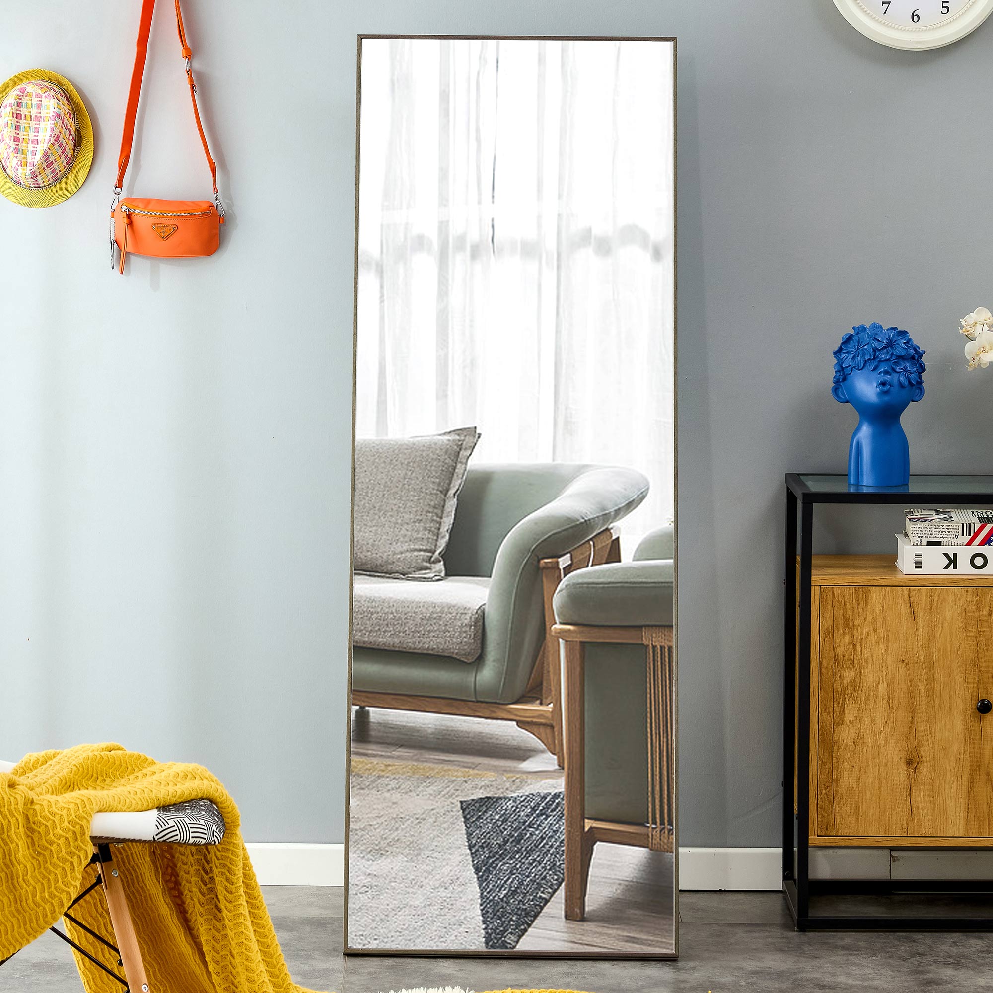 3Rd Generation Grey Solid Wood Frame Full Length Mirror, Dressing Mirror, Bedroom Home Porch, Decorative Mirror, Clothing Store, Floor Mounted Large Mirror, Wall Mounted.65"*23" Grey Glass