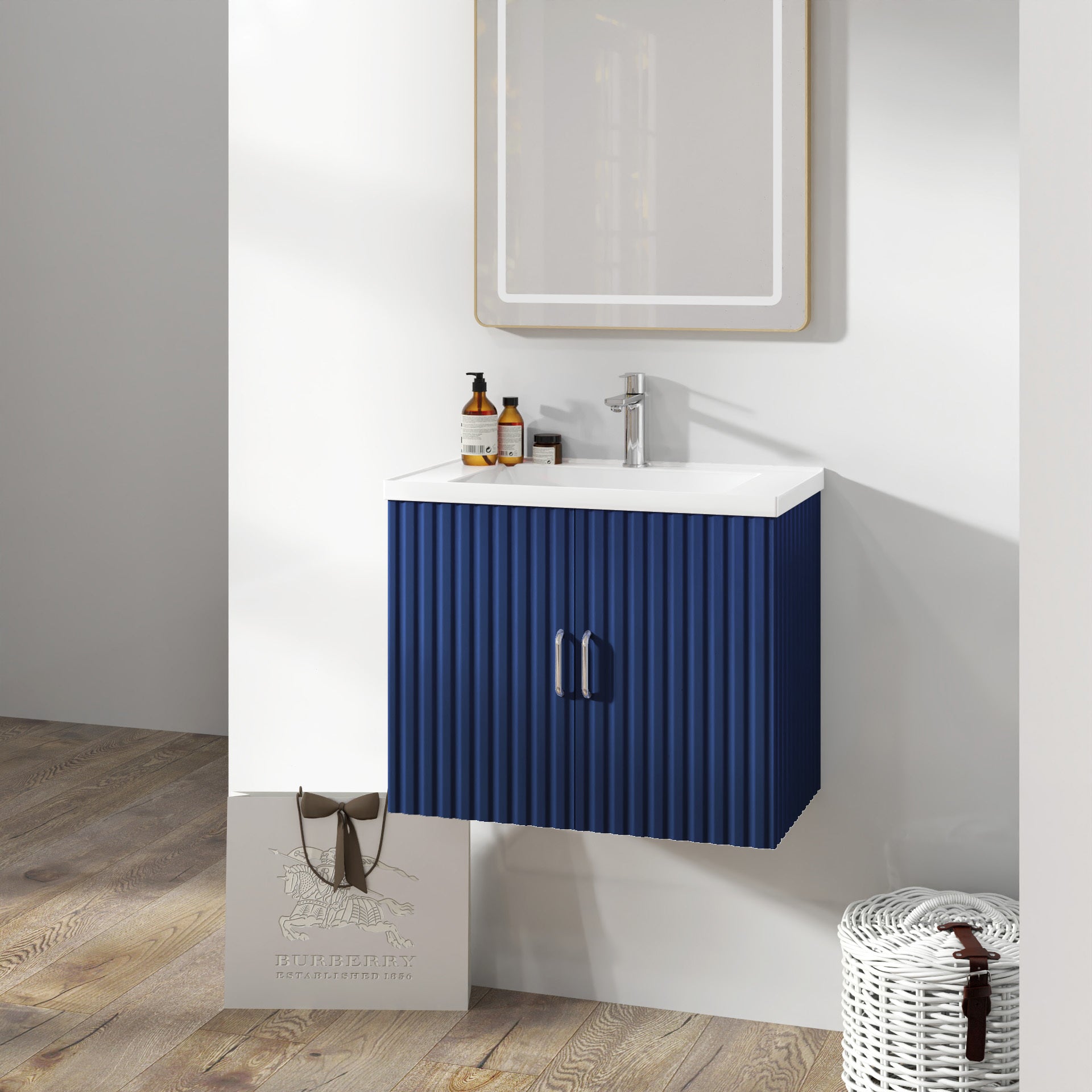 24" Floating Wall Mounted Bathroom Vanity with White blue-ceramic+mdf