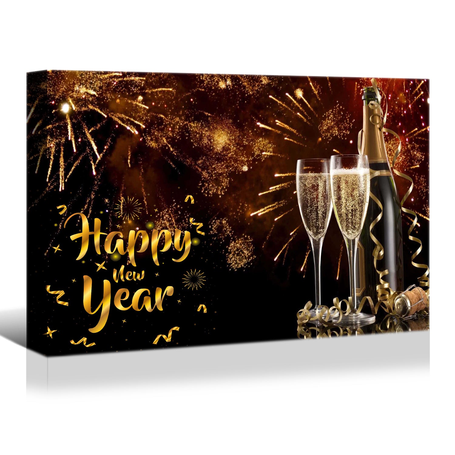 Framed Canvas Wall Art Decor Painting For Year, Golden Happy Year Bless Champagne Gift Painting For Yeardecoration For Chrismas Eve Living Room, Bedroom Decor 2418In Thickness 1.5Inch Rectangle Framed Multicolor Year'S Oversized 41In Canvas Cultures And