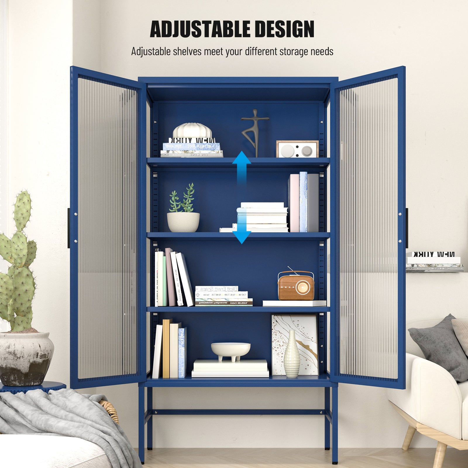 Double Glass Door Storage Cabinet With Adjustable Shelves And Feet Cold Rolled Steel Sideboard Furniture For Living Room Kitchen Blue Blue Tempered Glass