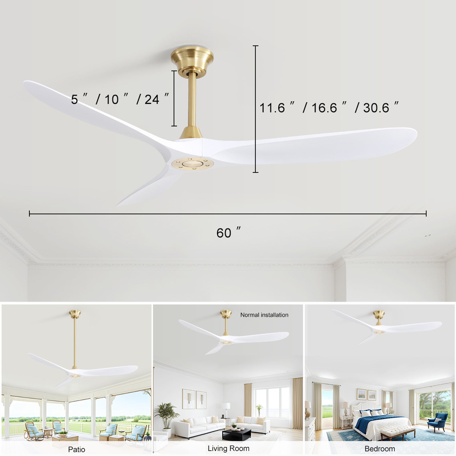 60 Inch Indoor Modern ABS Smart Ceiling Fan With 6 gold-abs