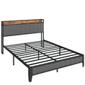 Queen Size Bed Frame With Charging Station, Upholstered Headboard, Metal Platform, Grey Box Spring Not Required Queen Dark Gray Metal Bedroom Bed Frame Upholstered Linen Metal