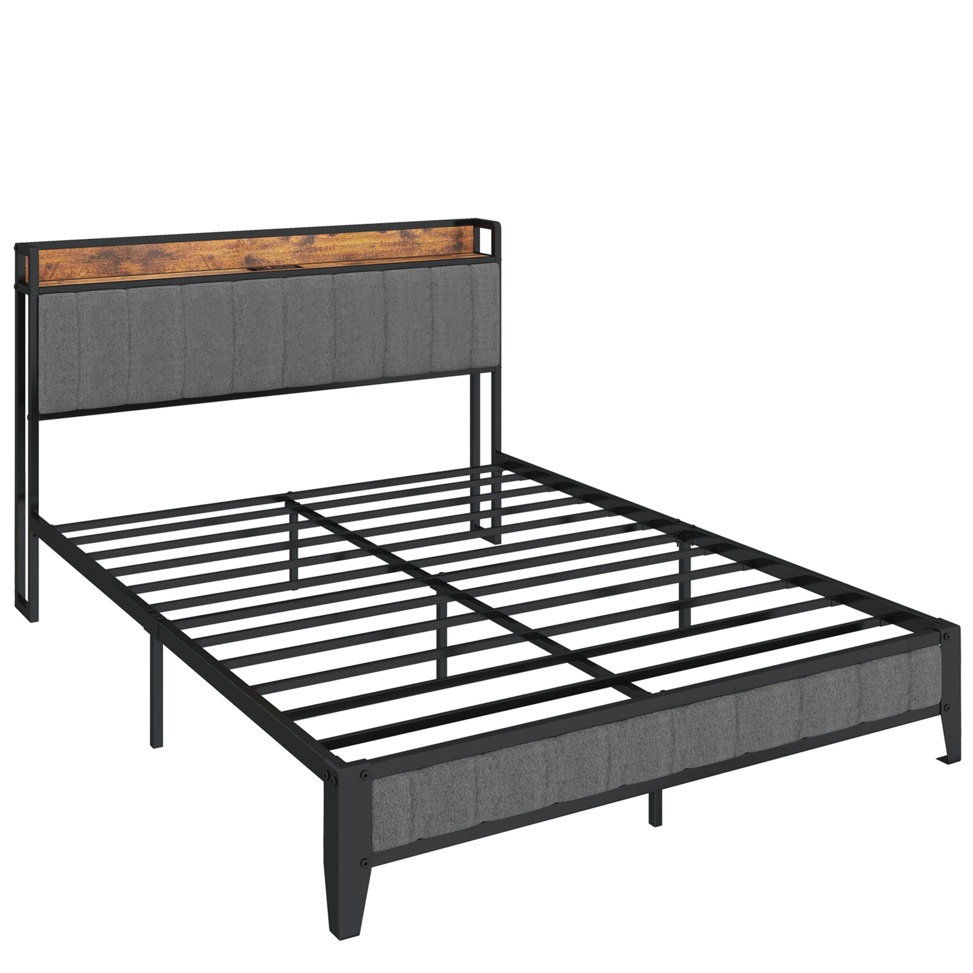 Queen Size Bed Frame With Charging Station, Upholstered Headboard, Metal Platform, Grey Box Spring Not Required Queen Dark Gray Metal Bedroom Bed Frame Upholstered Linen Metal