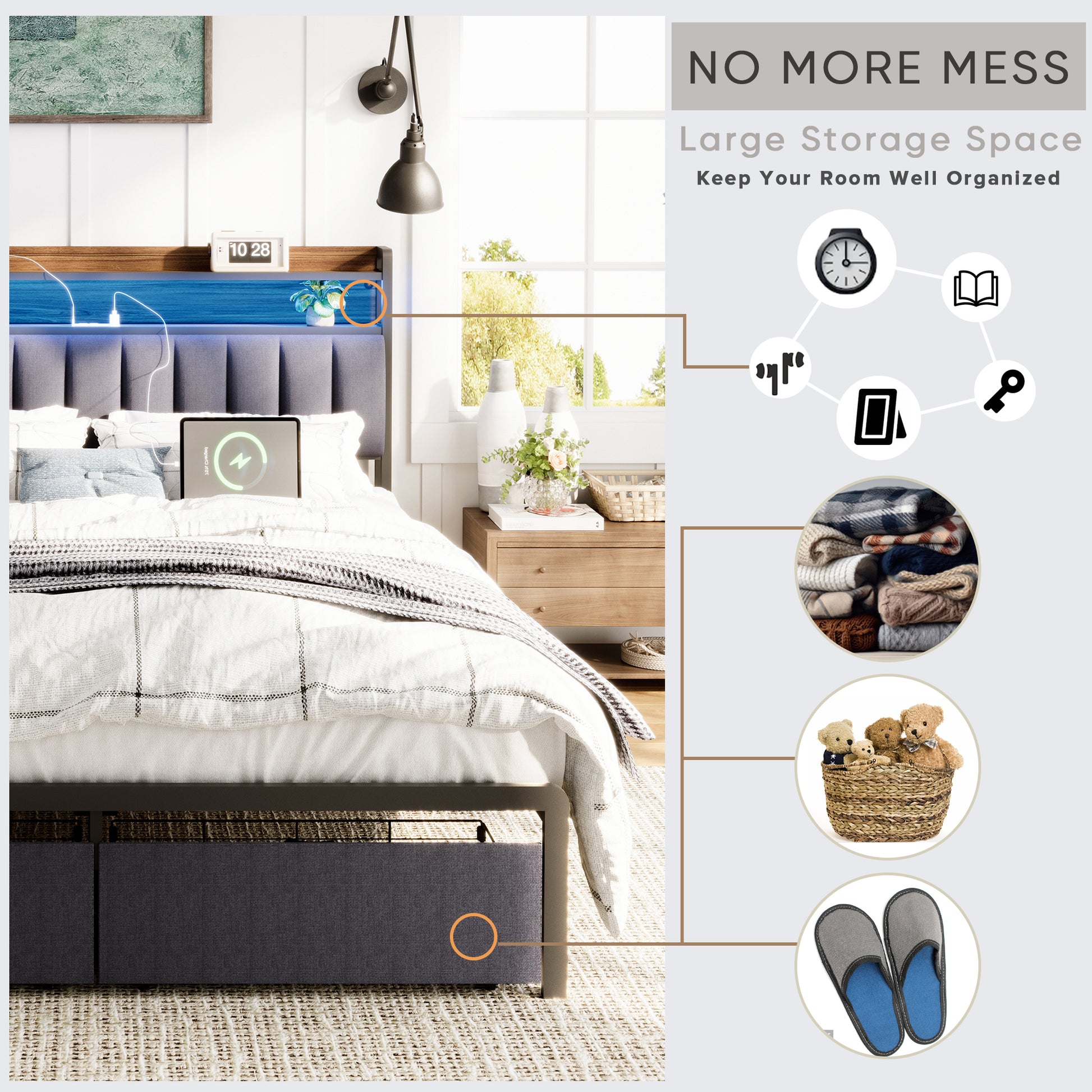 Queen Bed Frames With Storage Headboard And Drawers, Led Platform Bed Frame Queen Size, Led Upholstered Bed Frame With Charging Station, No Box Spring Needed, Easy Assembly, Grey Box Spring Not Required Gray Metal Bedroom Bed Frame Mdf Metal
