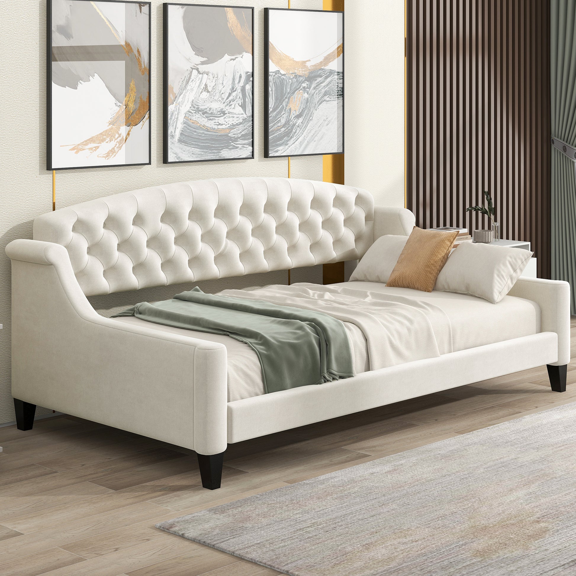 Modern Luxury Tufted Button Daybed,Twin,Beige Box Spring Not Required Twin Beige Wood Velvet Upholstered
