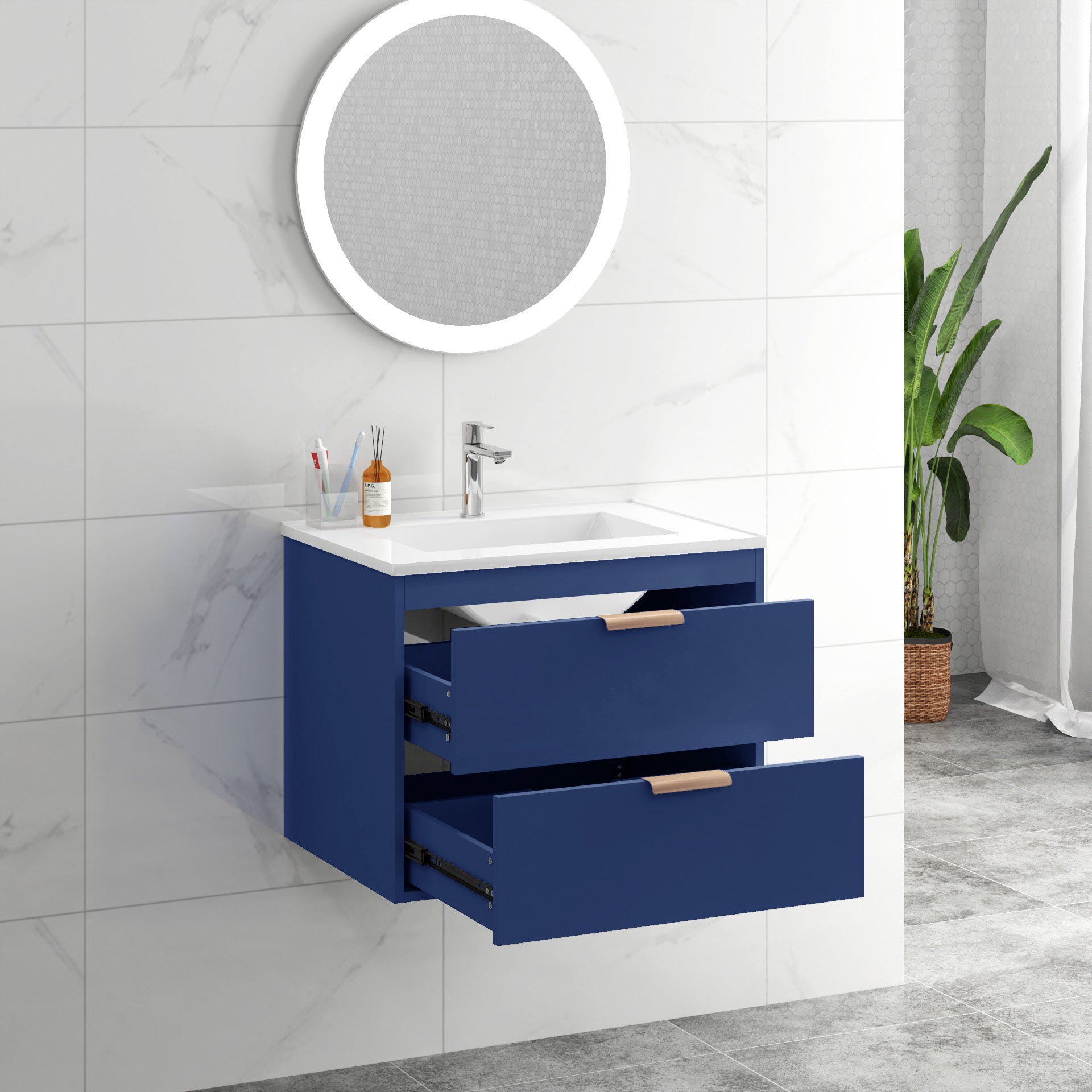 24" floating wall mounted bathroom vanity with white blue-wall mounted-ceramic+mdf