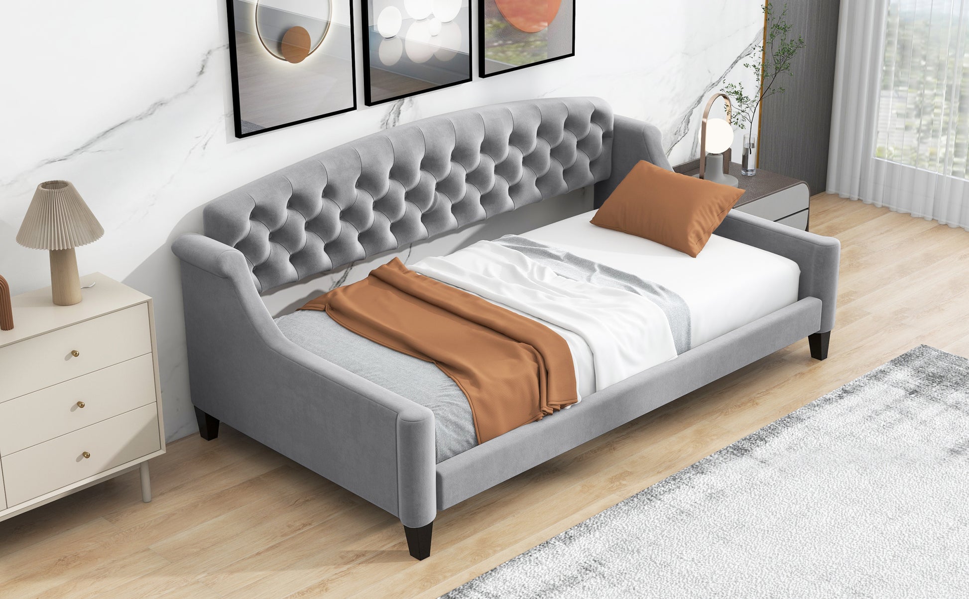 Modern Luxury Tufted Button Daybed,Twin,Gray Box Spring Not Required Twin Gray Wood Velvet Upholstered