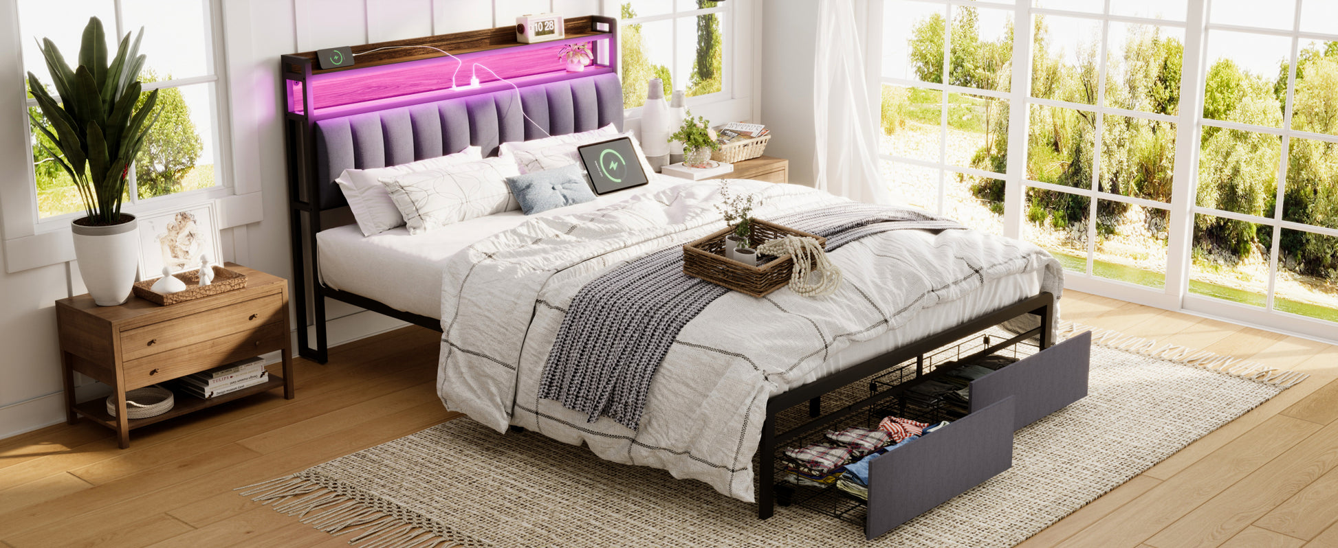 Queen Bed Frames With Storage Headboard And Drawers, Led Platform Bed Frame Queen Size, Led Upholstered Bed Frame With Charging Station, No Box Spring Needed, Easy Assembly, Grey Box Spring Not Required Gray Metal Bedroom Bed Frame Mdf Metal
