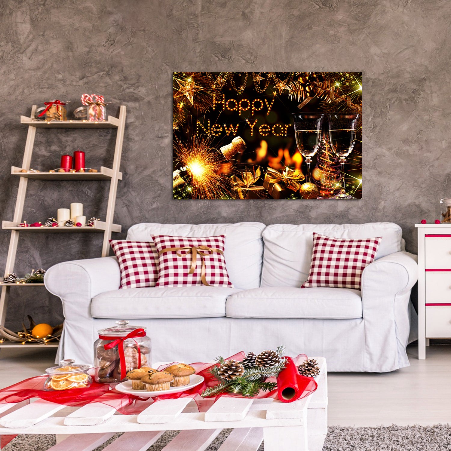 1Pcs Framed Canvas Wall Art Decor Painting For Year, Golden Happy Year Bless Champagne Gift Painting For Year Gift, Decoration For Chrismas Eve Office Living Room 2418In Thickness 1.5Inch Rectangle Framed Multicolor Year'S Oversized 41In Canvas Cultures