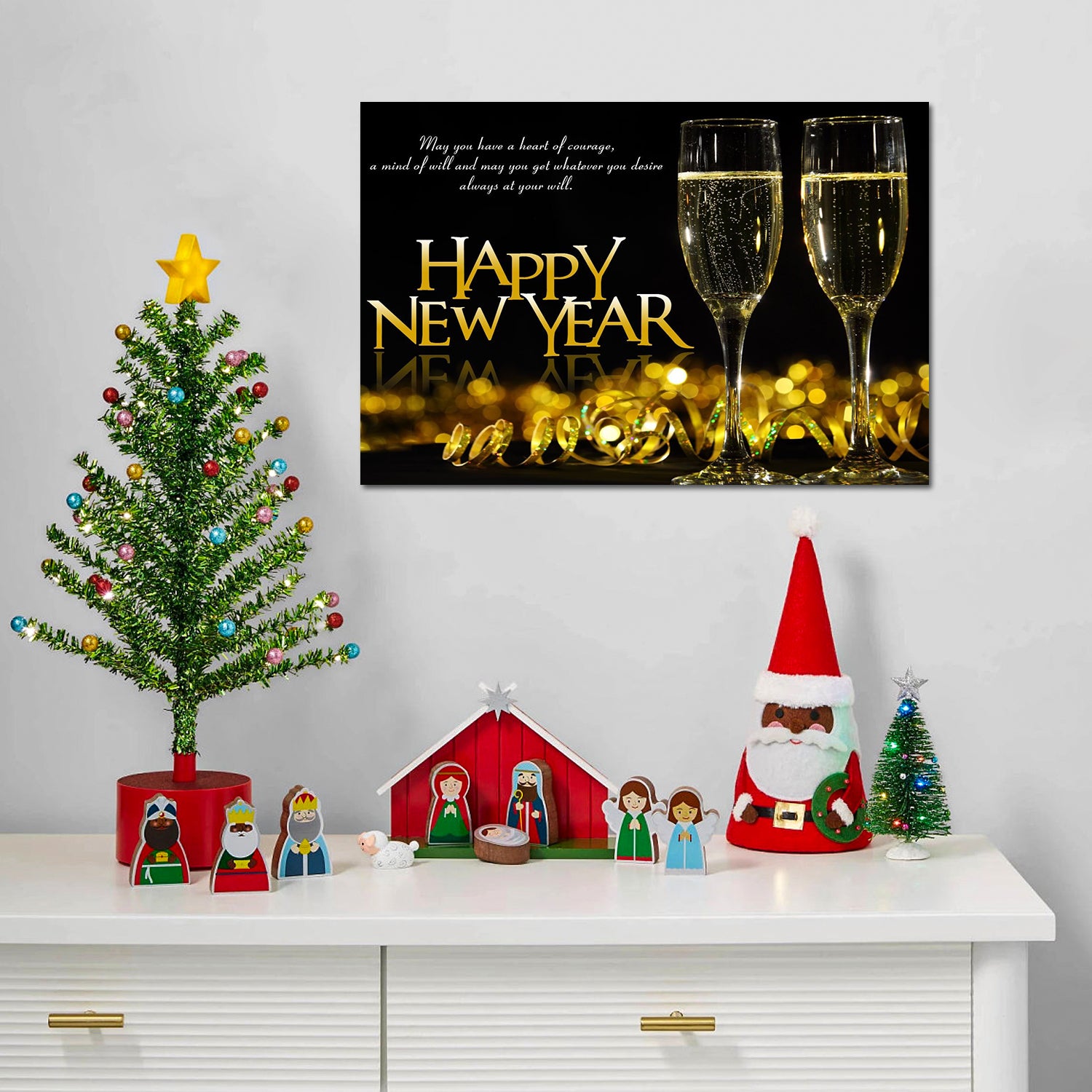 Framed Canvas Wall Art Decor Painting For Year, Golden Happy Year Bless Champagne Gift Painting For Year For Chrismas Eve Office Living Room, Bedroom Decor 4028In Thickness 1.5Inch Rectangle Framed Multicolor Year'S Oversized 41In Canvas Cultures And