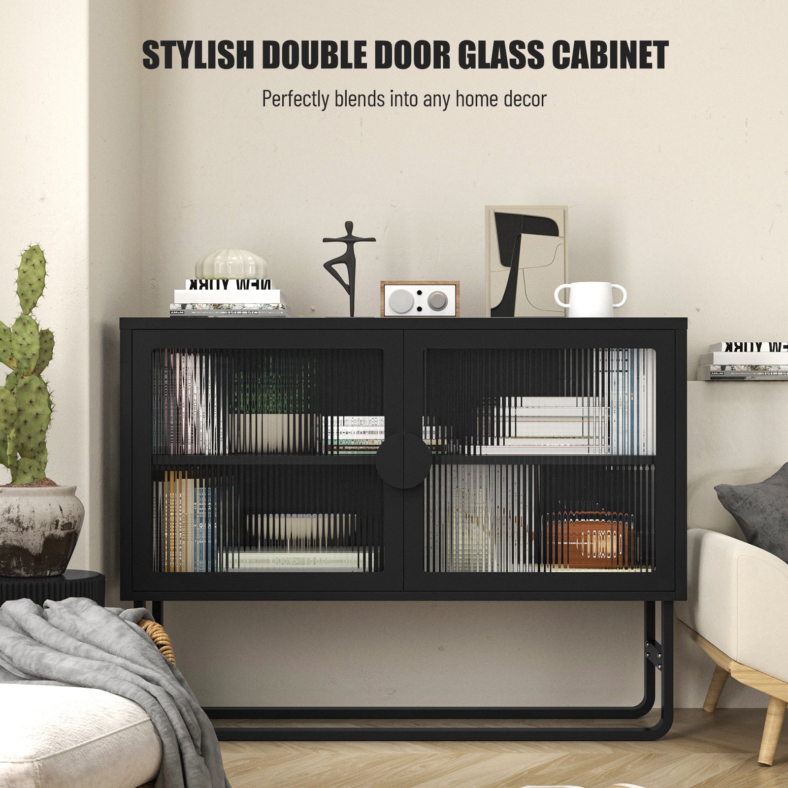 Stylish Tempered Glass Cabinet Credenza with 2 Fluted