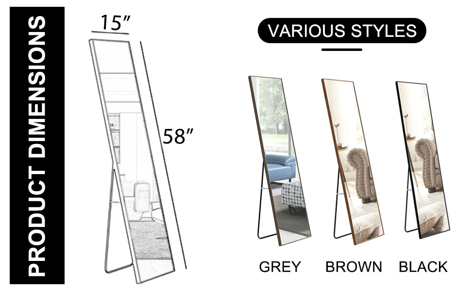 3Rd Generation Grey Solid Wood Frame Full Length Mirror, Dressing Mirror, Bedroom Home Porch, Decorative Mirror, Clothing Store, Floor Mounted Large Mirror, Wall Mounted.65"*23" Grey Glass