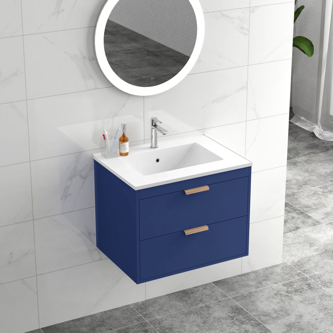 24" Floating Wall Mounted Bathroom Vanity With White Ceramic Sink And Drawer Storage Blue Wall Mounted Ceramic Mdf