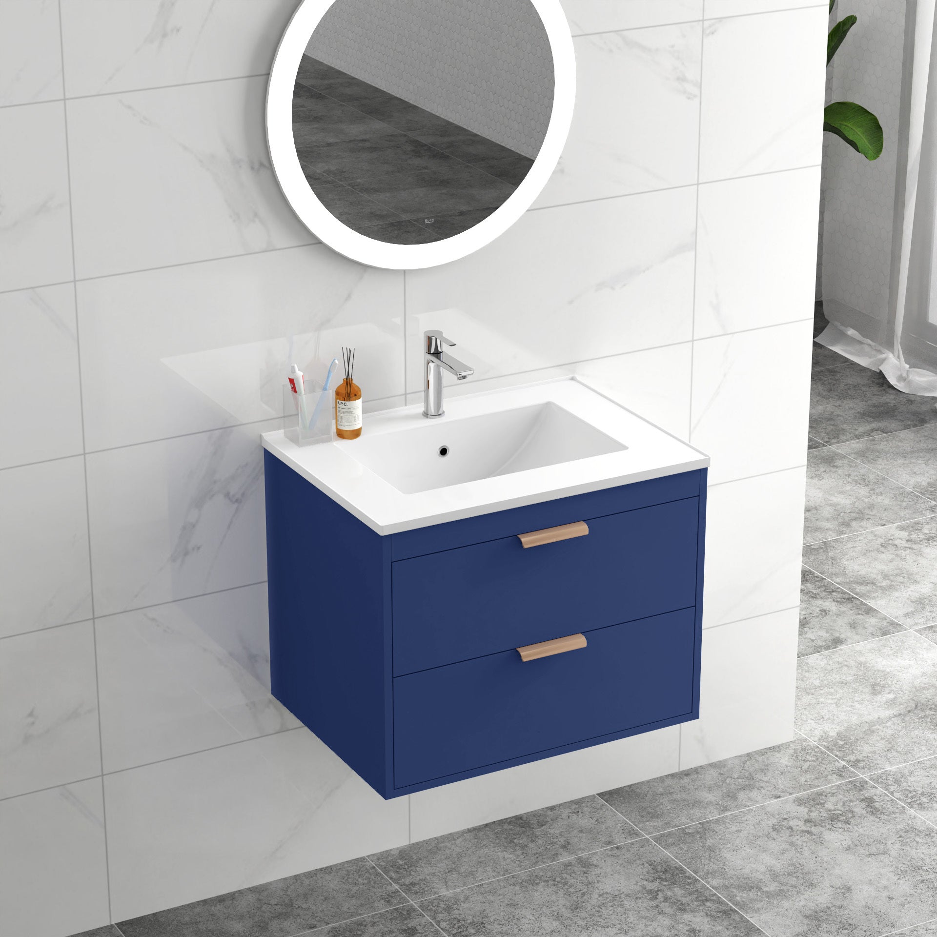 24" floating wall mounted bathroom vanity with white blue-wall mounted-ceramic+mdf