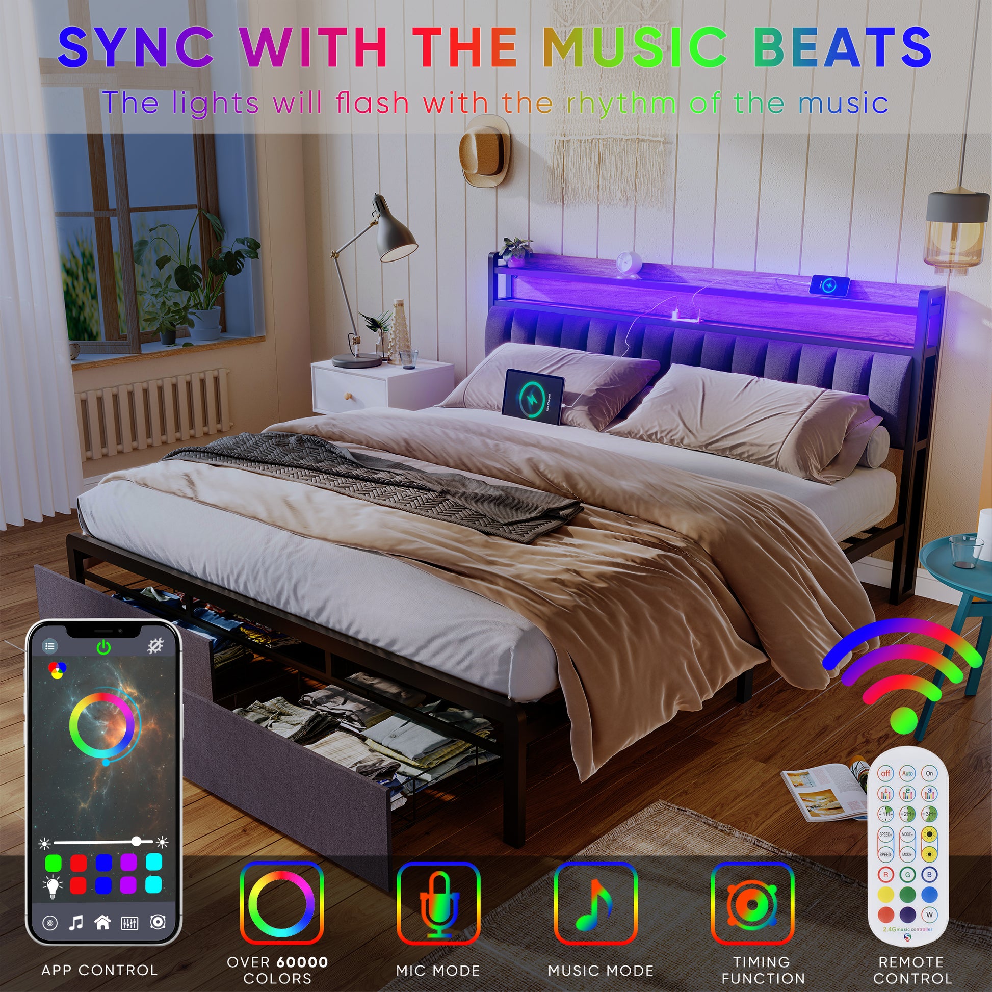 King Bed Frames With Storage Headboard And Drawers, Led Platform Bed Frame King Size, Led Upholstered Bed Frame With Charging Station, No Box Spring Needed, Easy Assembly, Grey Box Spring Not Required King Gray Metal Bedroom Bed Frame Mdf Metal