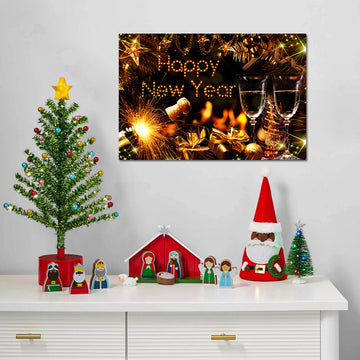 Framed Canvas Wall Art Decor Painting For Year, Golden Happy Year Bless Champagne Gift Painting For Year Gift, Decoration For Chrismas Eve Office Living Room, Bedroom Decor Ready To Hang Rectangle Framed Multicolor Year'S Oversized 41In Canvas Cultures