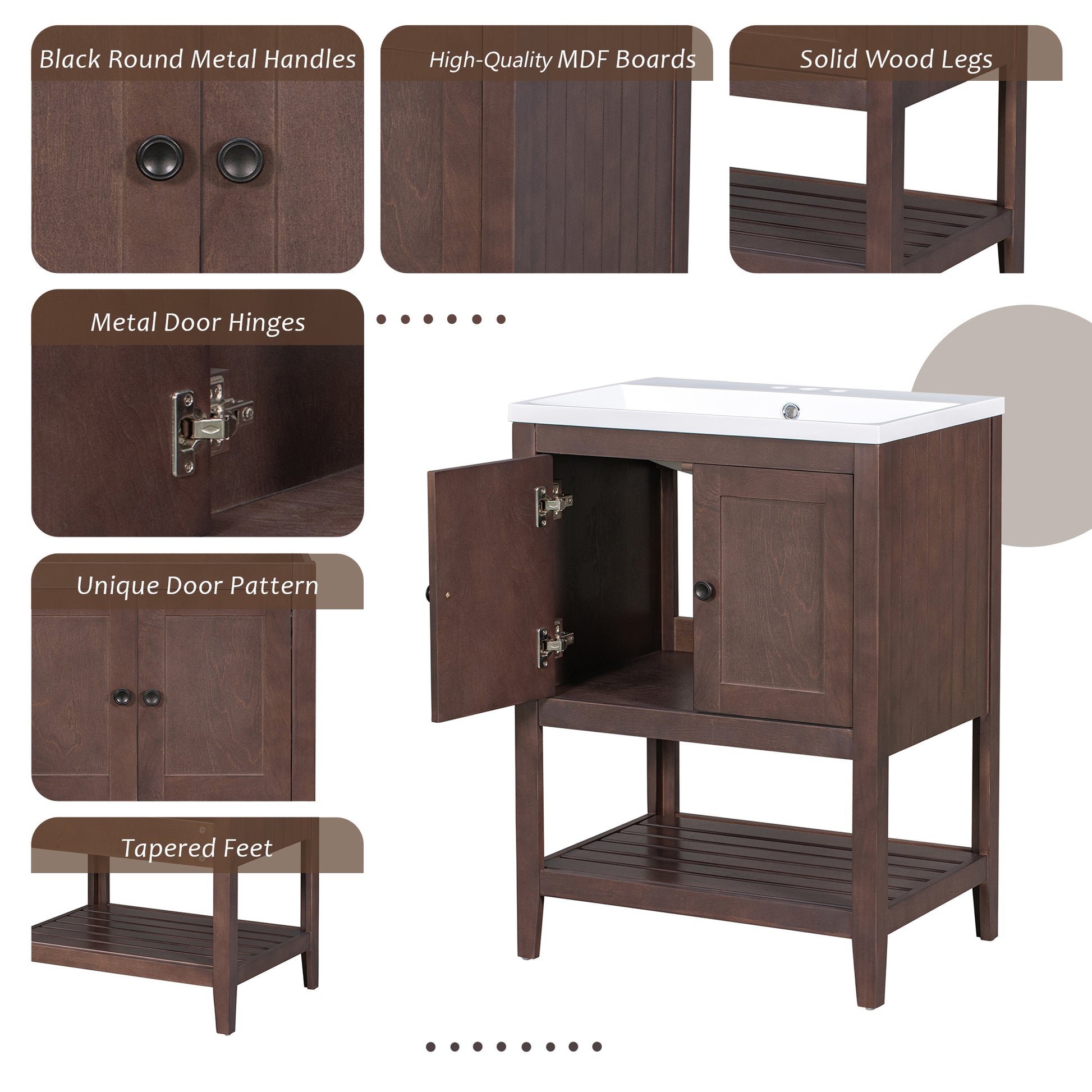 24" Bathroom Vanity Base Only, Soild Wood Frame, Bathroom Storage Cabinet With Doors And Open Shelf, Brown Brown Solid Wood Mdf