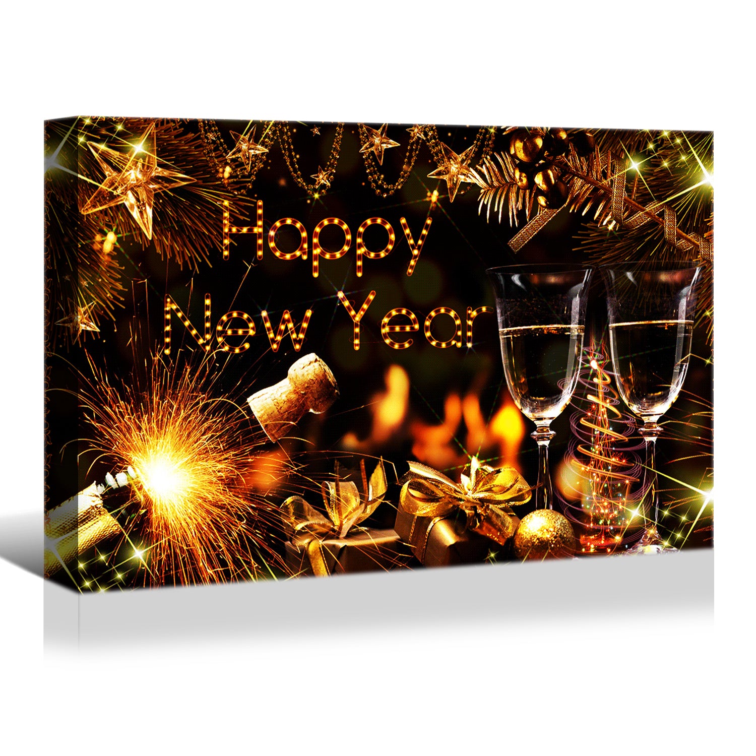 1Pcs Framed Canvas Wall Art Decor Painting For Year, Golden Happy Year Bless Champagne Gift Painting For Year Gift, Decoration For Chrismas Eve Office Living Room 4028In Thickness 1.5Inch Rectangle Framed Multicolor Year'S Oversized 41In Canvas Cultures