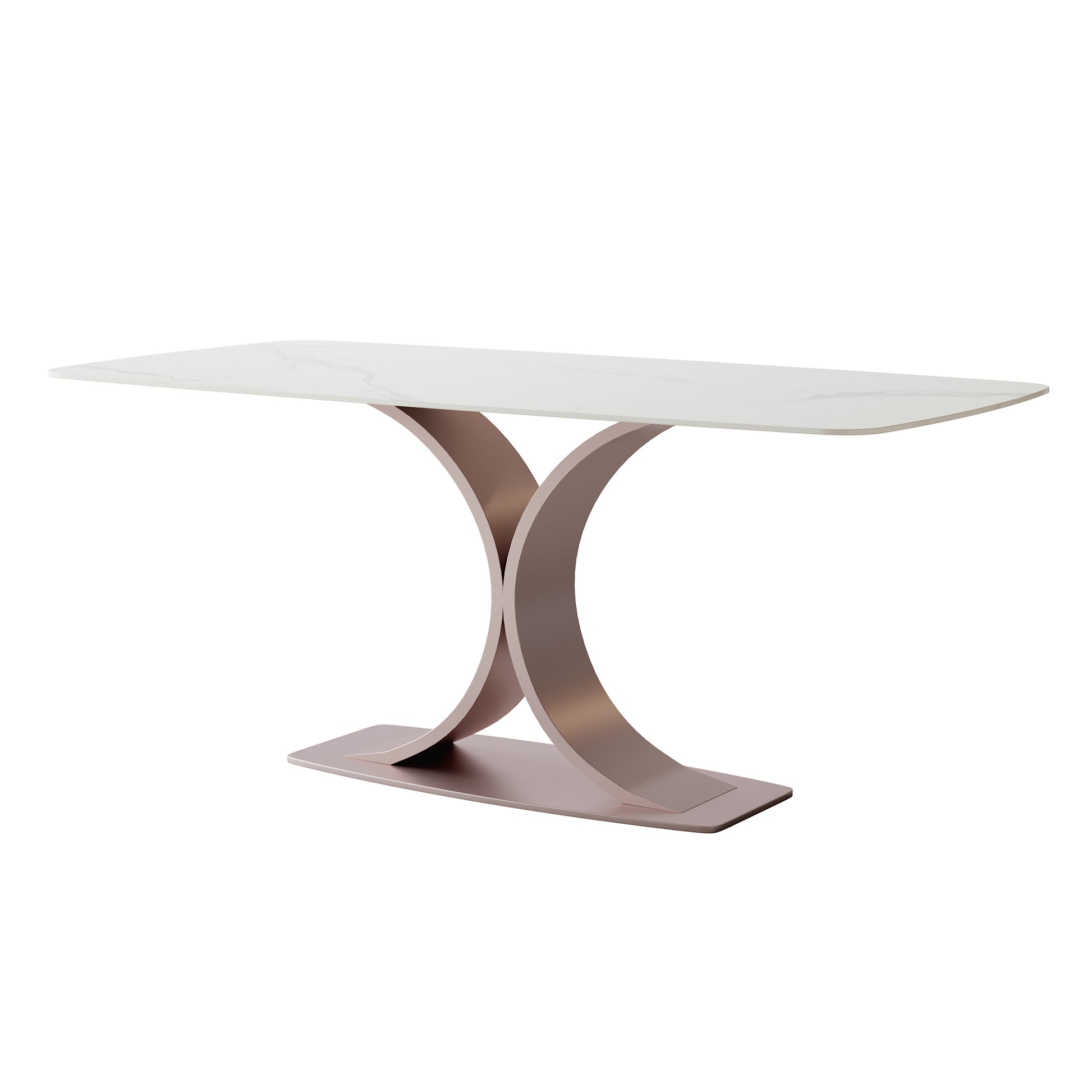 Elegant Red Copper And Carbon Steel Dining Table With Glossy Snow Mountain Stone Top Load Capacity 109.5 Kg Excluding Chairs White Carbon Steel