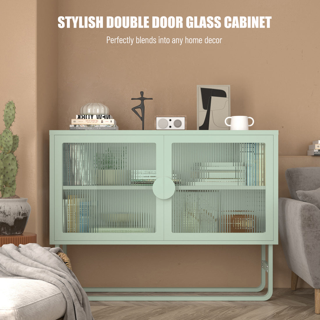 Stylish Tempered Glass Cabinet Credenza With 2 Fluted Glass Doors Adjustable Shelf U Shaped Leg Anti Tip Dust Free Enclosed Cupboard For Kitchen Living Room Light Green Light Green Tempered Glass