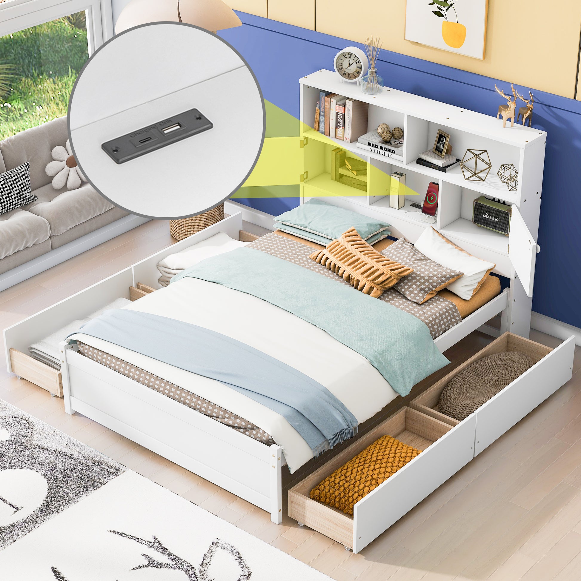 Full Size Platform Bed With Storage Headboard, Charging Station And 4 Drawers, White Box Spring Not Required Full White Wood Bedroom Bed Frame Solid Wood Mdf