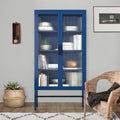 Double Glass Door Storage Cabinet With Adjustable Shelves And Feet Cold Rolled Steel Sideboard Furniture For Living Room Kitchen Blue Blue Tempered Glass