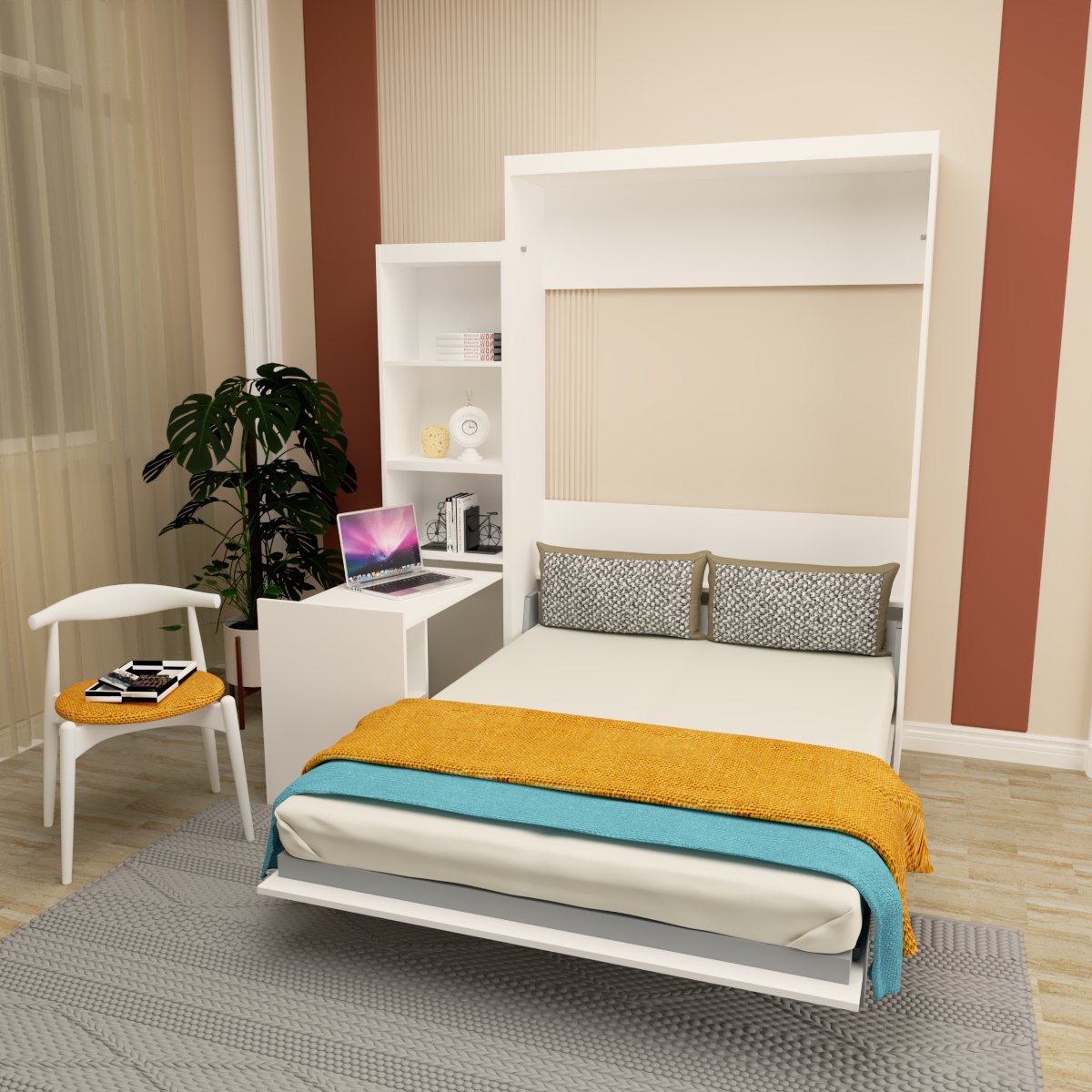 Queen Size Morden Deisgn Big Size Vertical Murphy Bed With Table And Shelf For Bedroom Or Guestroom White Wall Bed Space Saving Hidden Bed With Style Gas Struts Box Spring Not Required Queen White Metal Bedroom Murphy Plywood