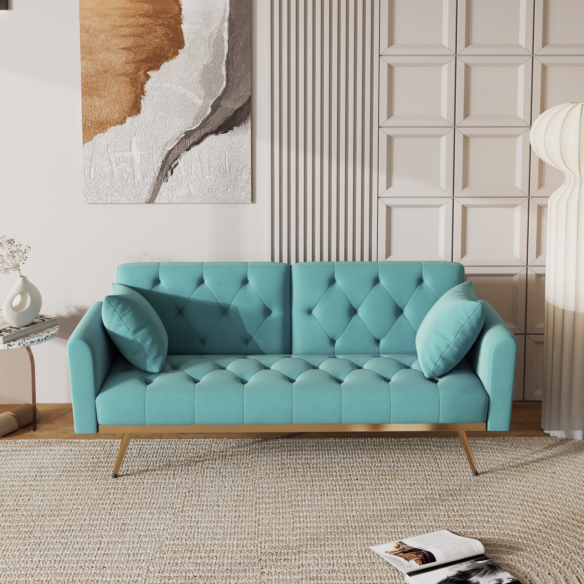 68.3" Baby Blue Velvet Nail Head Sofa Bed With Throw Pillow And Midfoot Baby Blue Foam 2 Seat