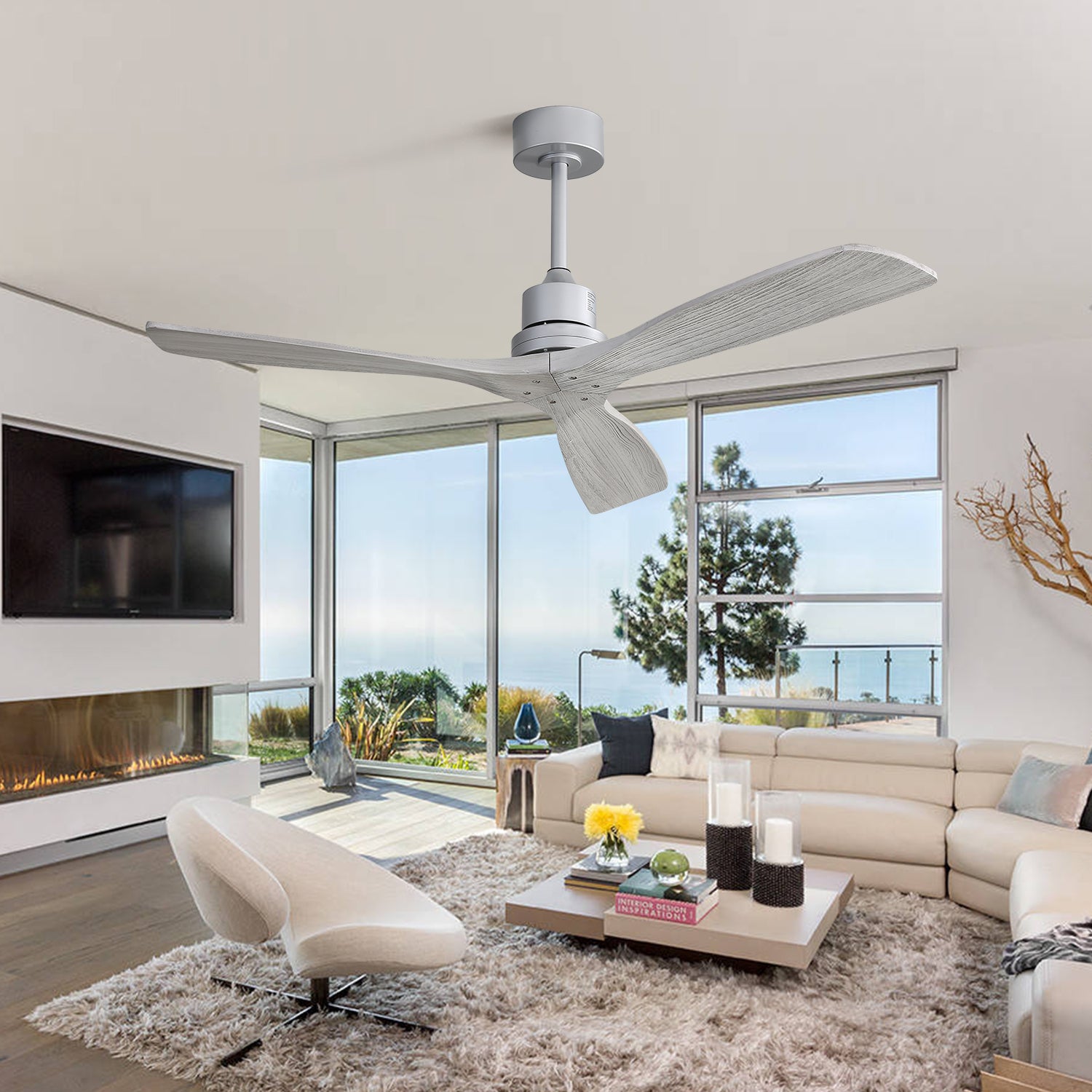 Indoor 52inch Ceiling Fan with Remote Control Solid silver-metal & wood