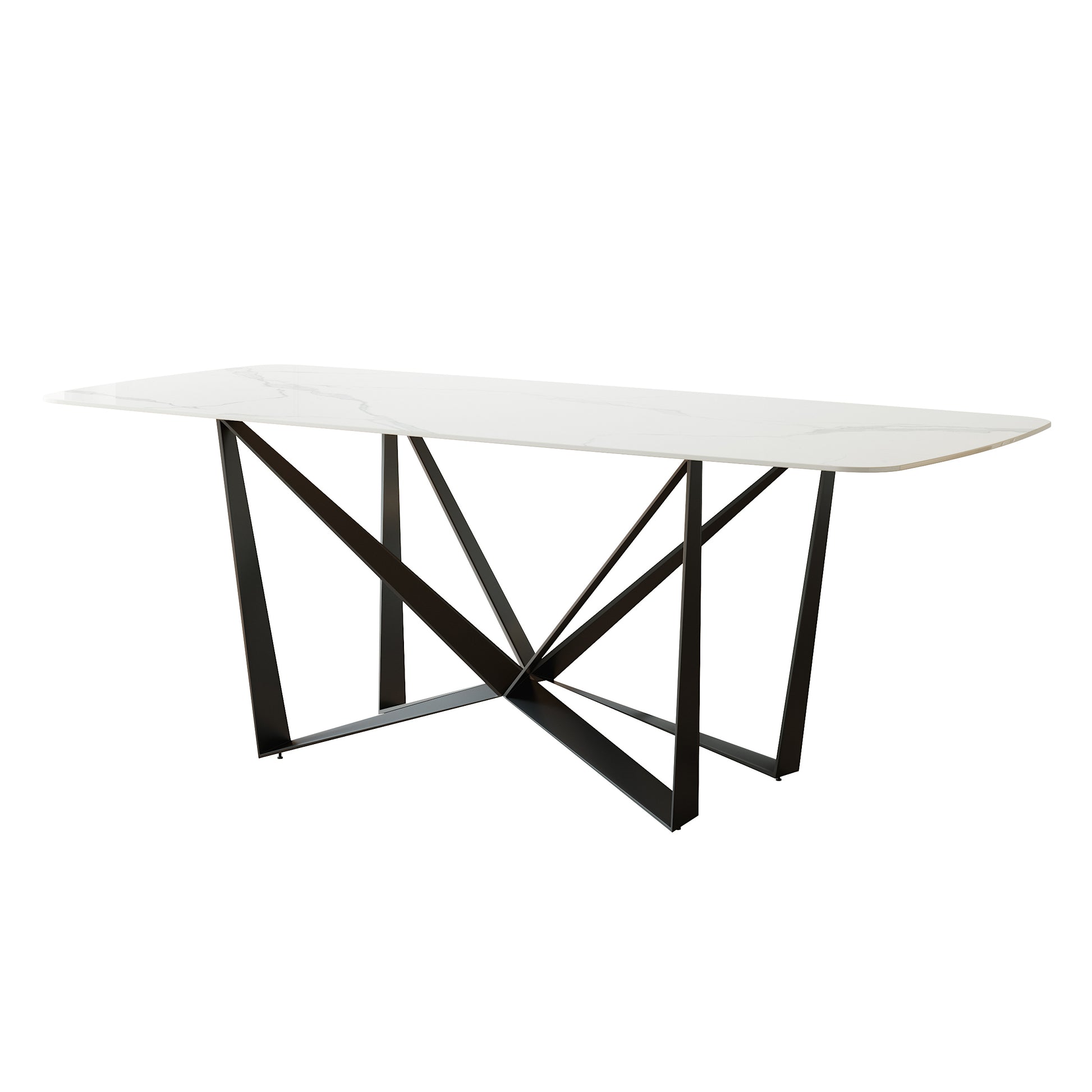 Sleek Black Sandstone Dining Table With Glossy Snow Mountain Stone Top And Carbon Steel Base Load Capacity 94.5 Kg Excluding Chairs White Carbon Steel