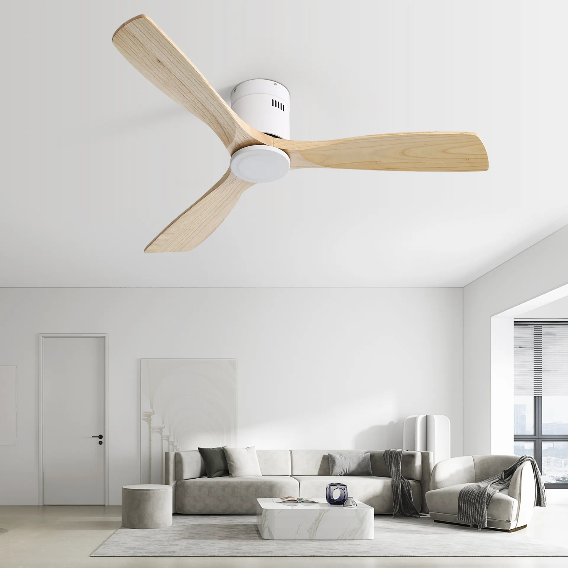 52 Inch Ceiling Fan Natural 3 Solid Wood Fan Blade Noiseless Reversible Dc Motor Remote Control For Living Room White Metal & Wood