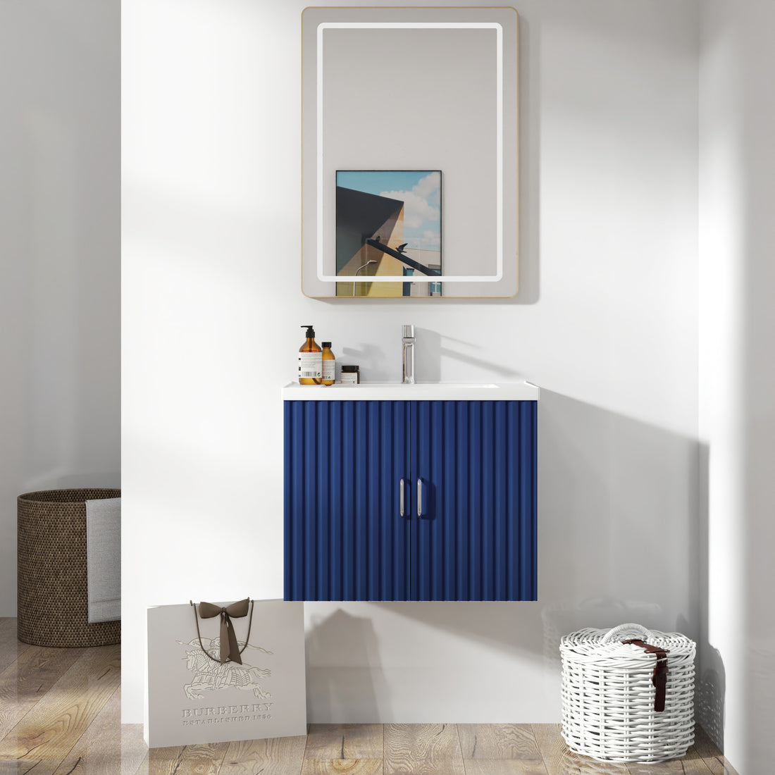 24" Floating Wall Mounted Bathroom Vanity With White Porcelain Sink And Soft Close Doors Blue Ceramic Mdf