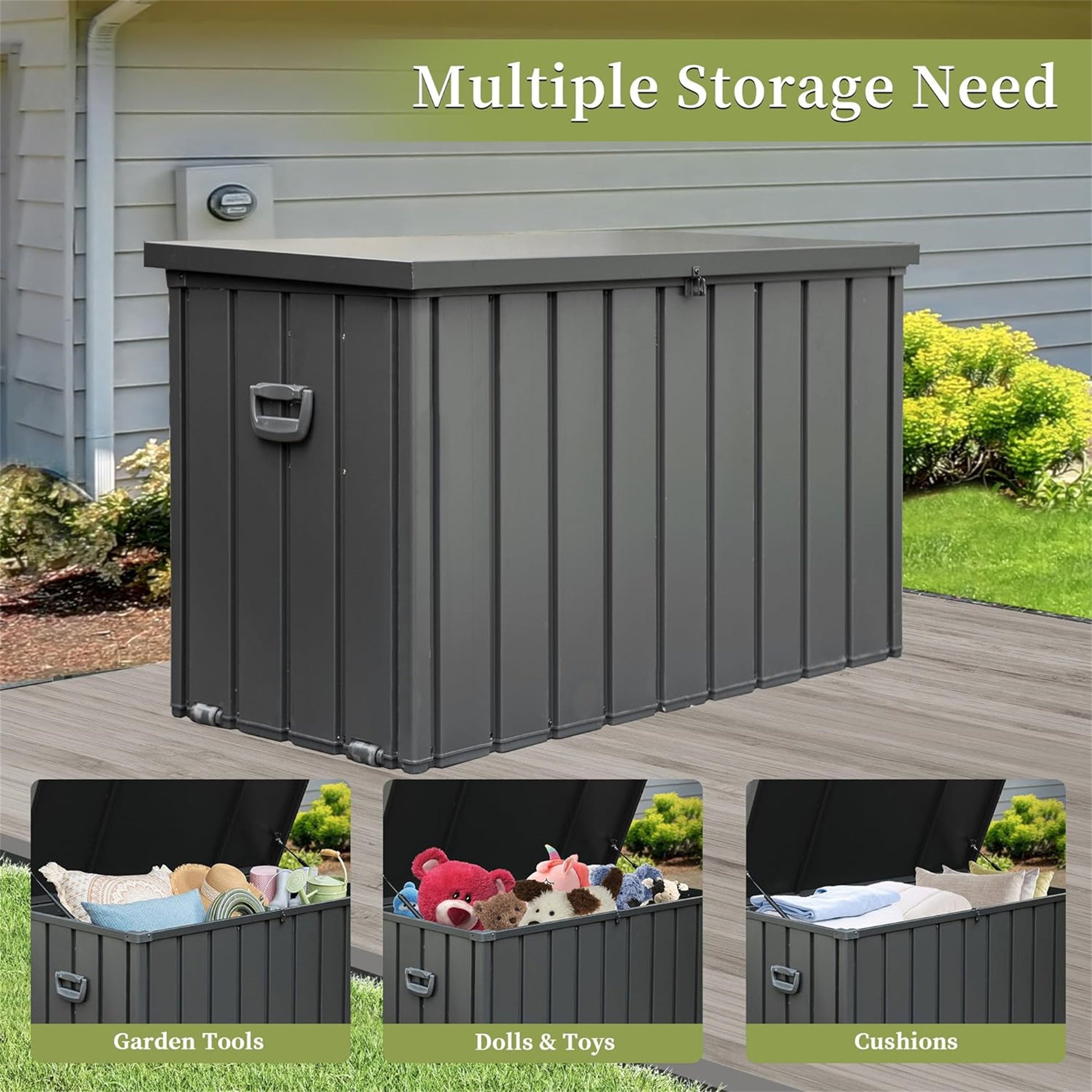 200 Gallon Outdoor Storage Deck Box Waterproof, Large Patio Storage Bin For Outside Cushions, Throw Pillows, Garden Tools, Lockable Dark Gray Dark Gray Steel