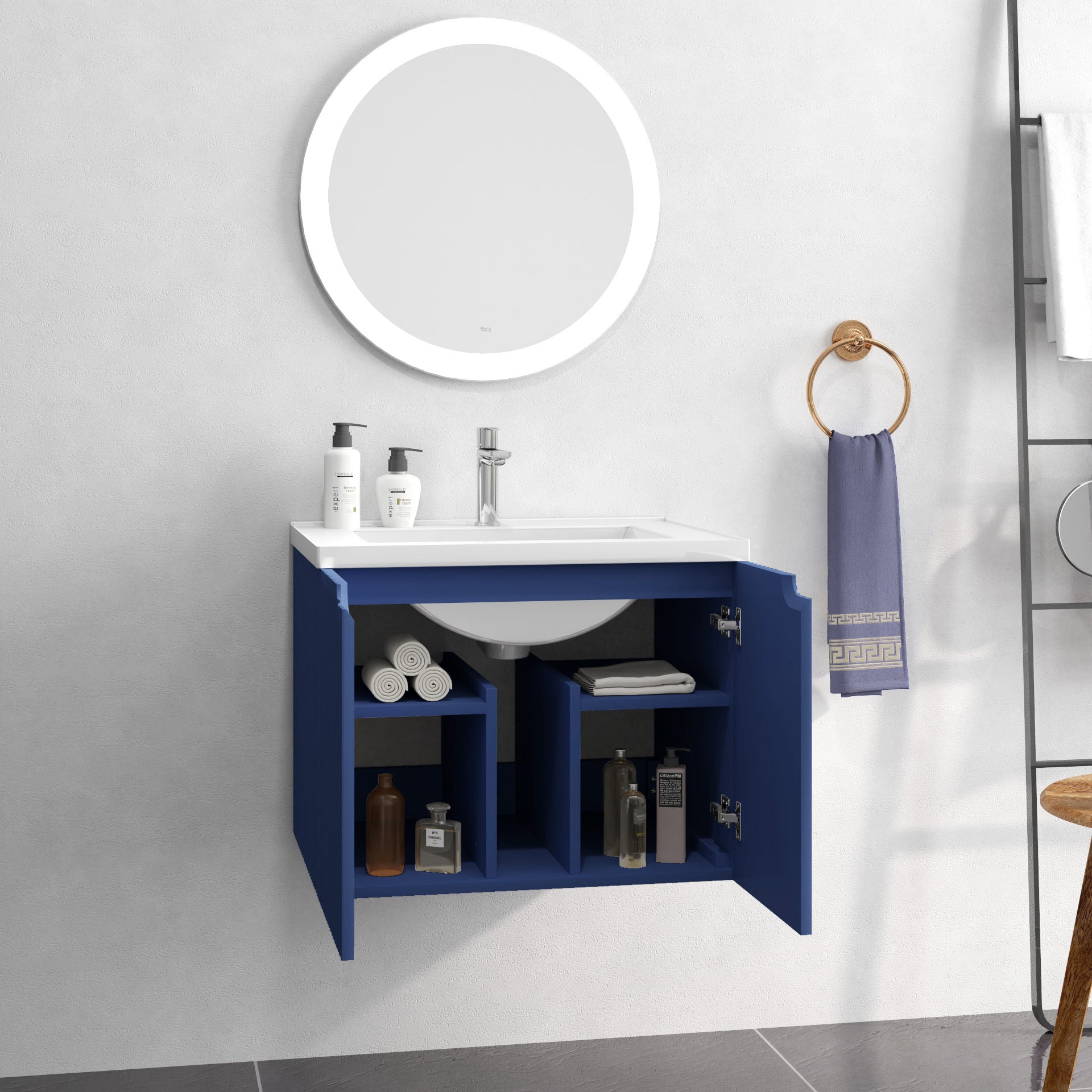 24" Floating Wall Mounted Bathroom Vanity with White blue-ceramic+mdf