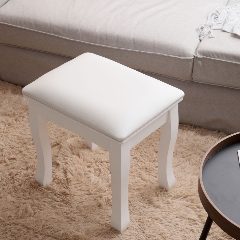 White Vanity Stool Padded Makeup Chair Bench With Solid Wood Legs White Mdf