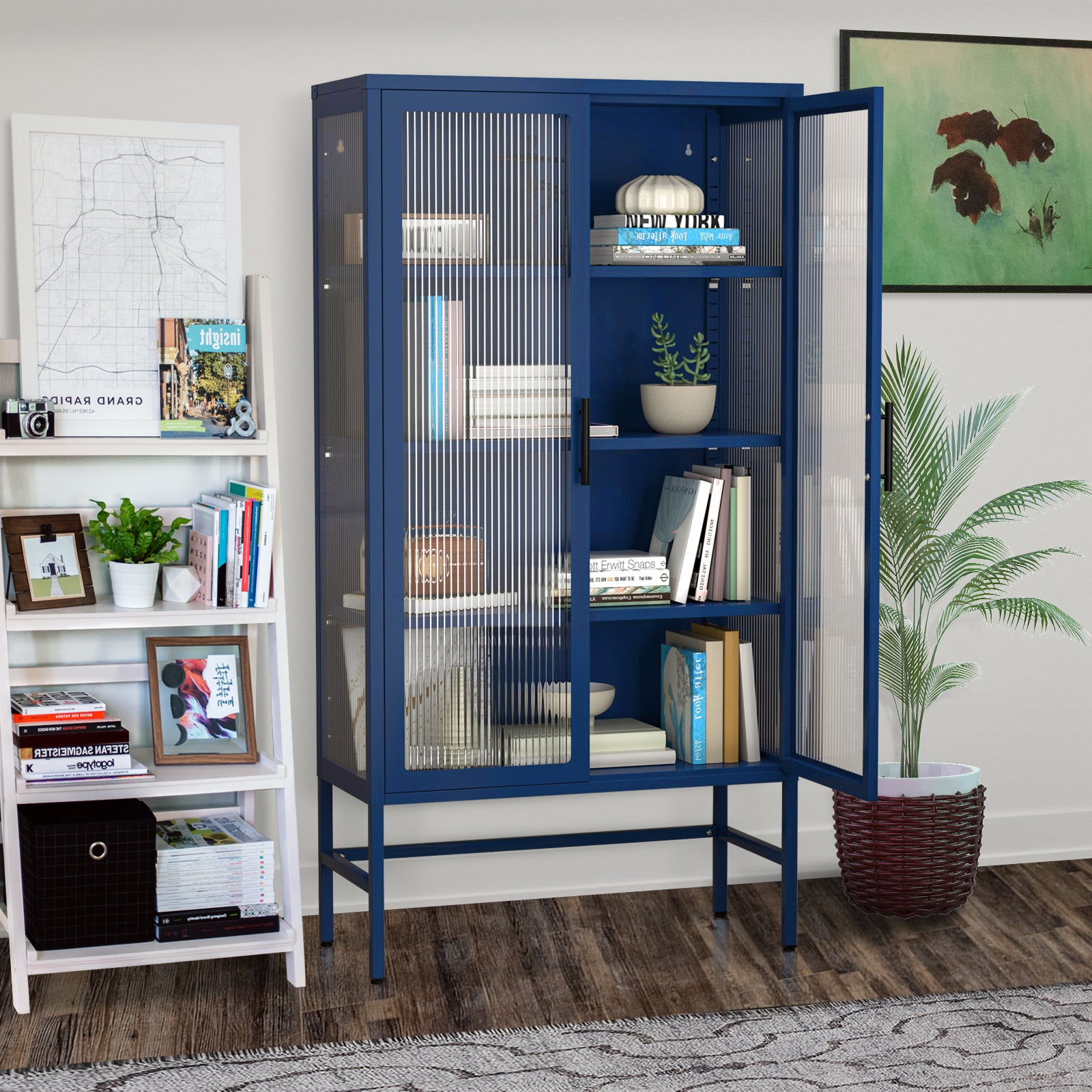 Double Glass Door Storage Cabinet With Adjustable Shelves And Feet Cold Rolled Steel Sideboard Furniture For Living Room Kitchen Blue Blue Tempered Glass