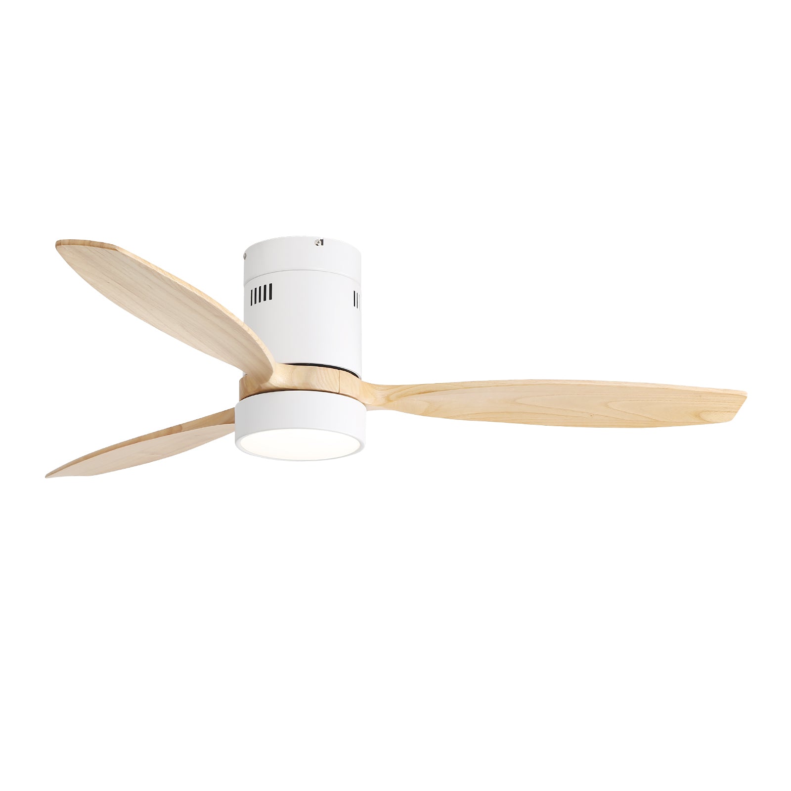 52 Inch Flush Mount Ceiling Fan Dc 3 Solid Wood Fan Blade Noiseless Reversible Motor Remote Control With Light White Metal & Wood