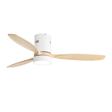 52 Inch Flush Mount Ceiling Fan Dc 3 Solid Wood Fan Blade Noiseless Reversible Motor Remote Control With Light White Metal & Wood