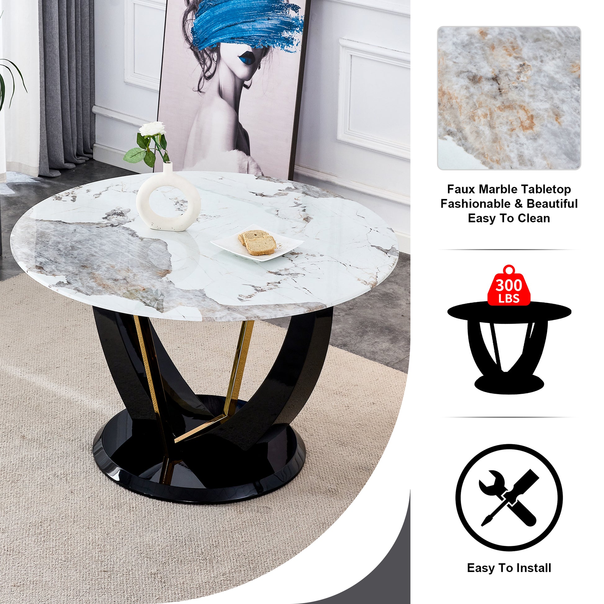 Modern Minimalist Circular Glass Tabletop With A Diameter Of 48 Inches, Paired With Black Mdf Legs. Suitable For Restaurants And Living Rooms. White Mdf Glass