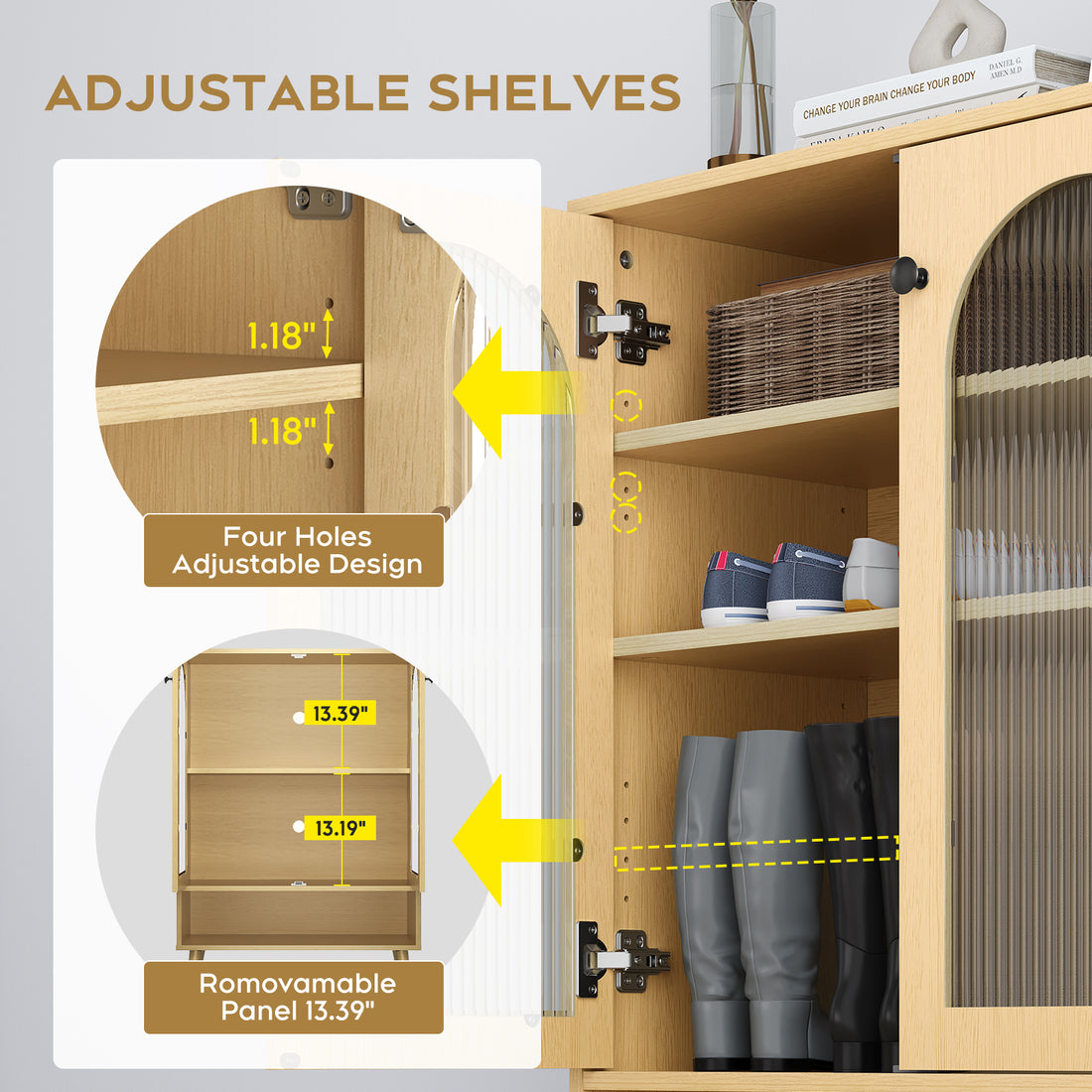 Shoe Storage Cabinet With Adjustable Plates Glass Doors Natural Mdf