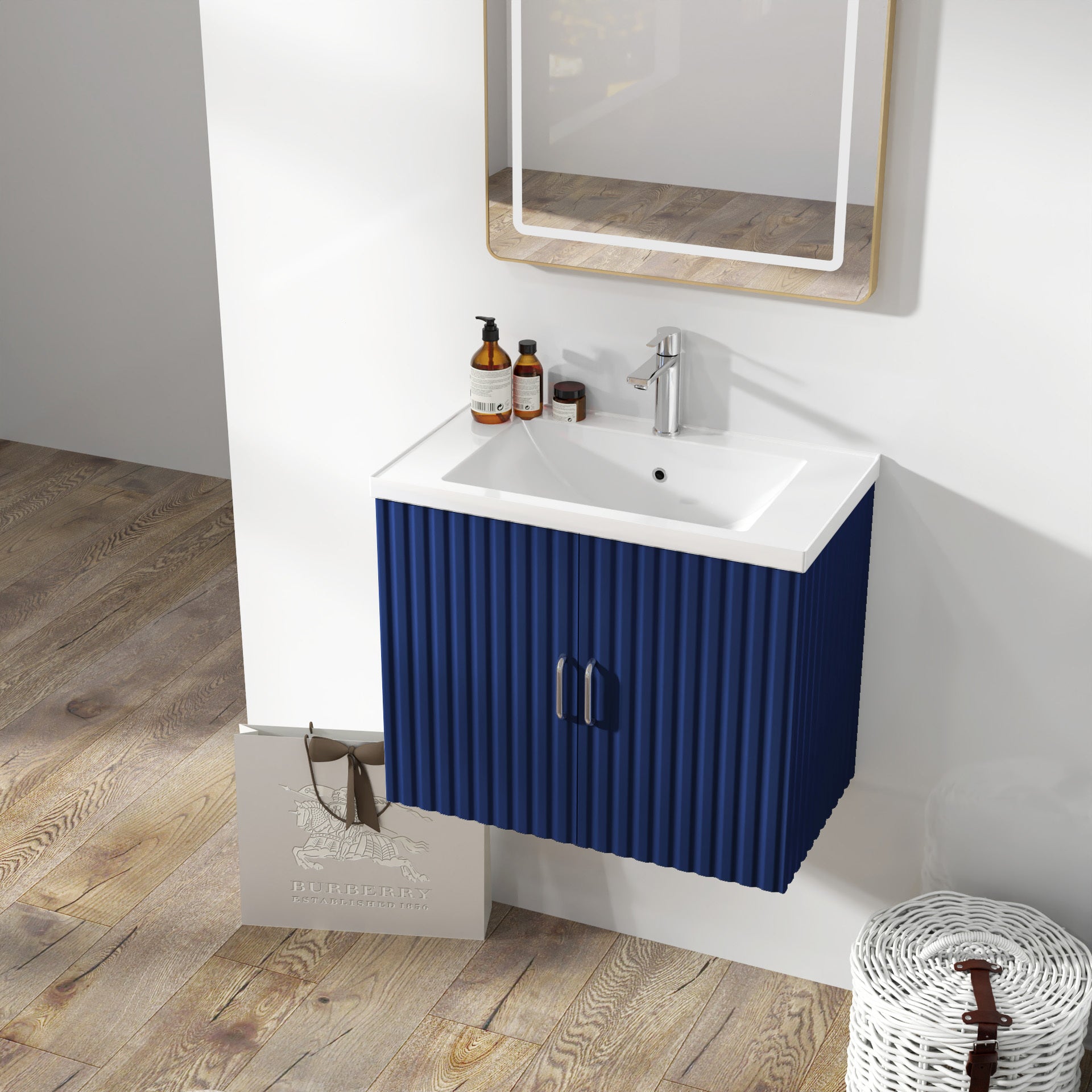 24" Floating Wall Mounted Bathroom Vanity With White Porcelain Sink And Soft Close Doors Blue Ceramic Mdf