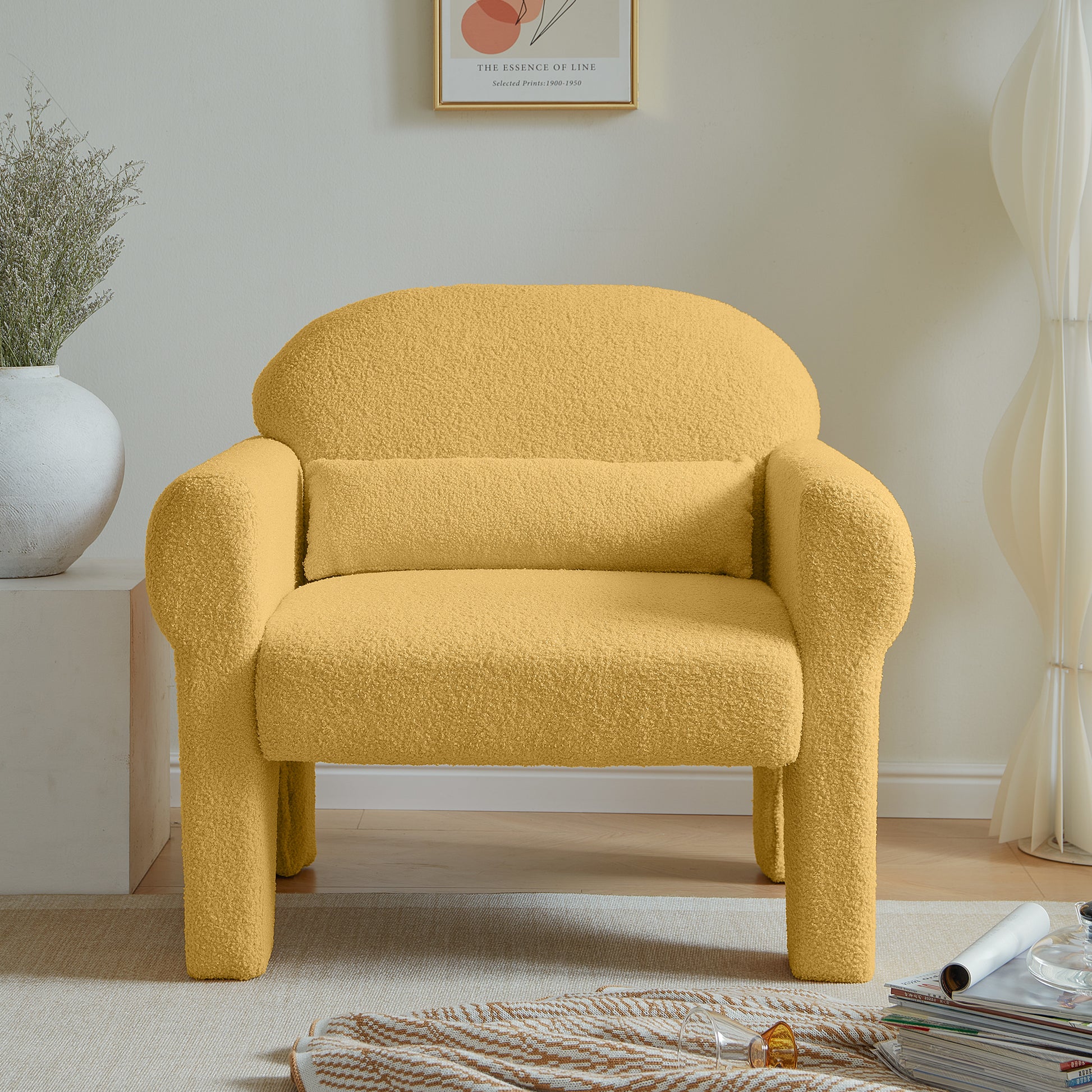 Modern Boucle Accent Chair With Lumbar Pillow For Living Room Antique Yellow Fabric 1 Seat