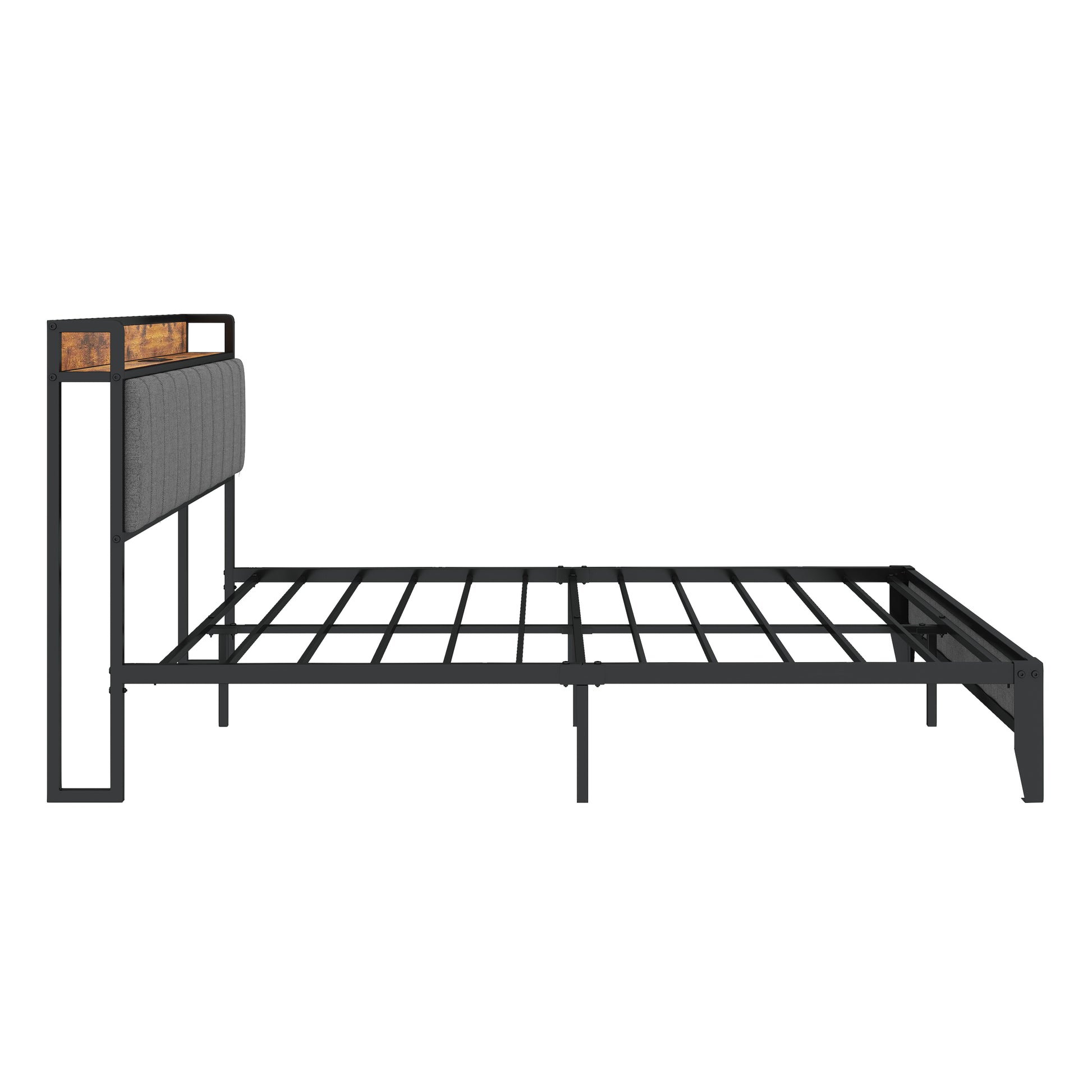 Queen Size Bed Frame With Charging Station, Upholstered Headboard, Metal Platform, Grey Box Spring Not Required Queen Light Gray Metal Bedroom American Design Bed Frame Linen Metal