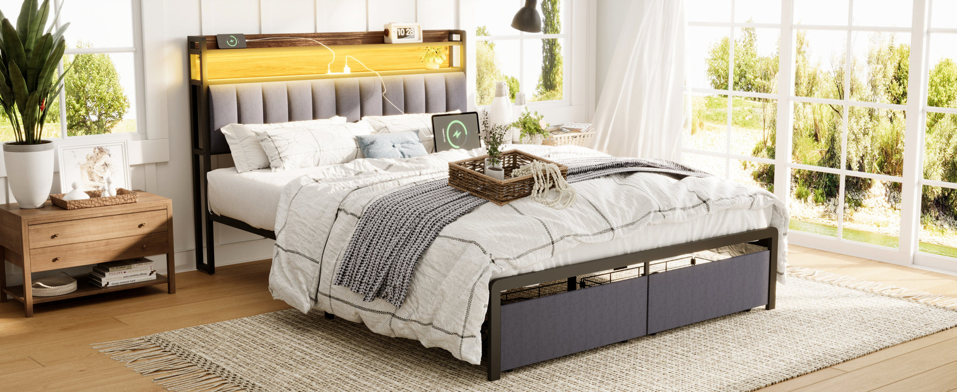 Queen Bed Frames With Storage Headboard And Drawers, Led Platform Bed Frame Queen Size, Led Upholstered Bed Frame With Charging Station, No Box Spring Needed, Easy Assembly, Grey Box Spring Not Required Gray Metal Bedroom Bed Frame Mdf Metal