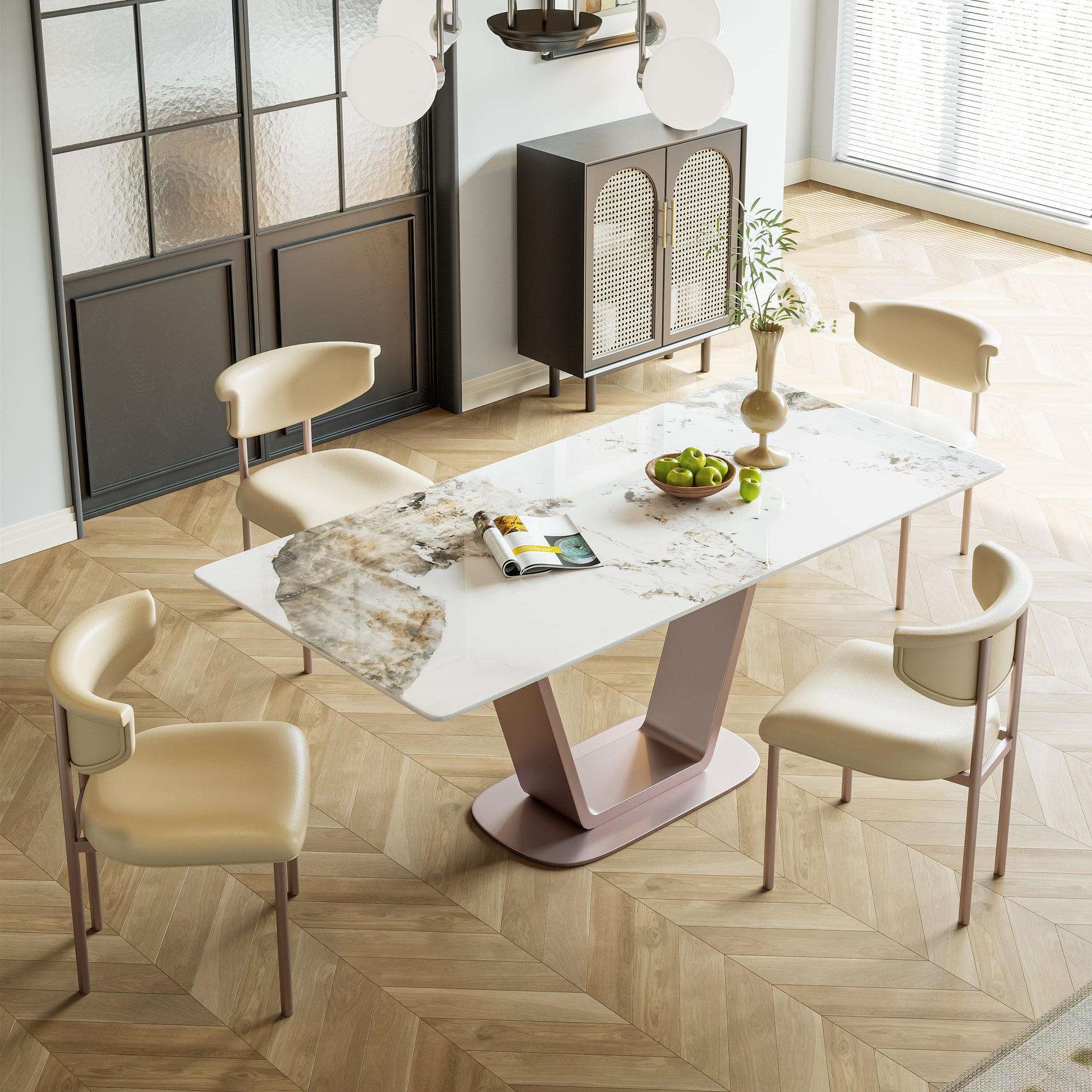 Pandora Carbon Steel And Red Copper Dining Table With Rock Plate Heavy Duty, Supports Up To 94.5 Kg Excluding Chairs White Carbon Steel