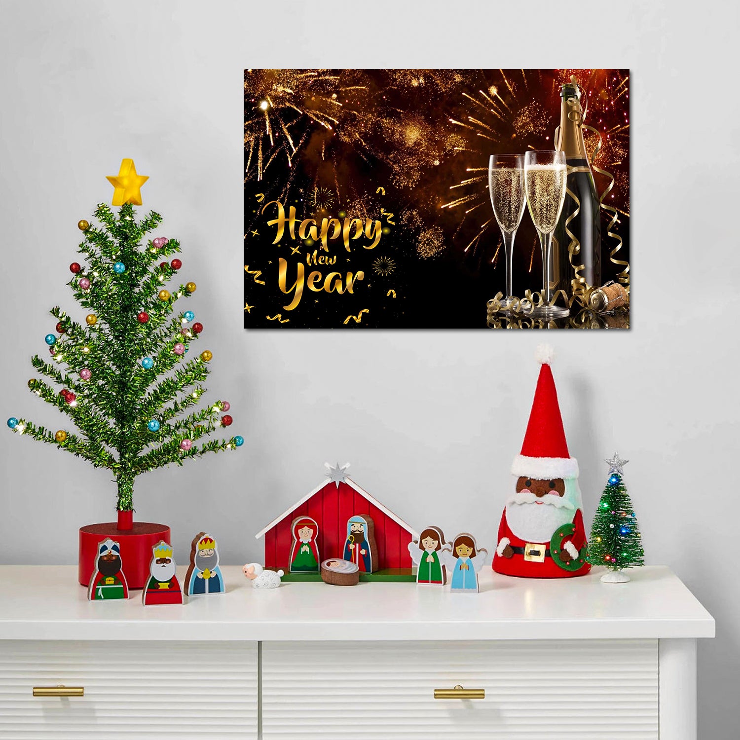 Framed Canvas Wall Art Decor Painting For Year, Golden Happy Year Bless Champagne Gift Painting For Year, Decoration For Chrismas Eve Living Room, Bedroom Decor 4028In Thickness 1.5Inch Rectangle Framed Multicolor Year'S Oversized 41In Canvas Cultures