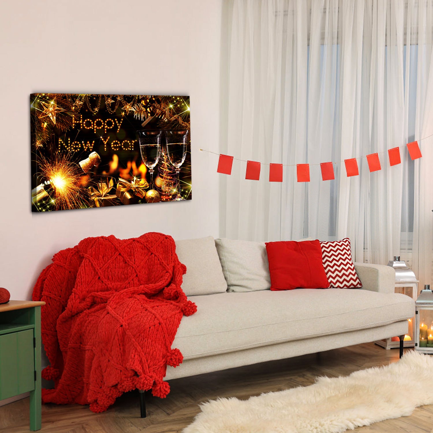 1Pcs Framed Canvas Wall Art Decor Painting For Year, Golden Happy Year Bless Champagne Gift Painting For Year Gift, Decoration For Chrismas Eve Office Living Room 2418In Thickness 1.5Inch Rectangle Framed Multicolor Year'S Oversized 41In Canvas Cultures