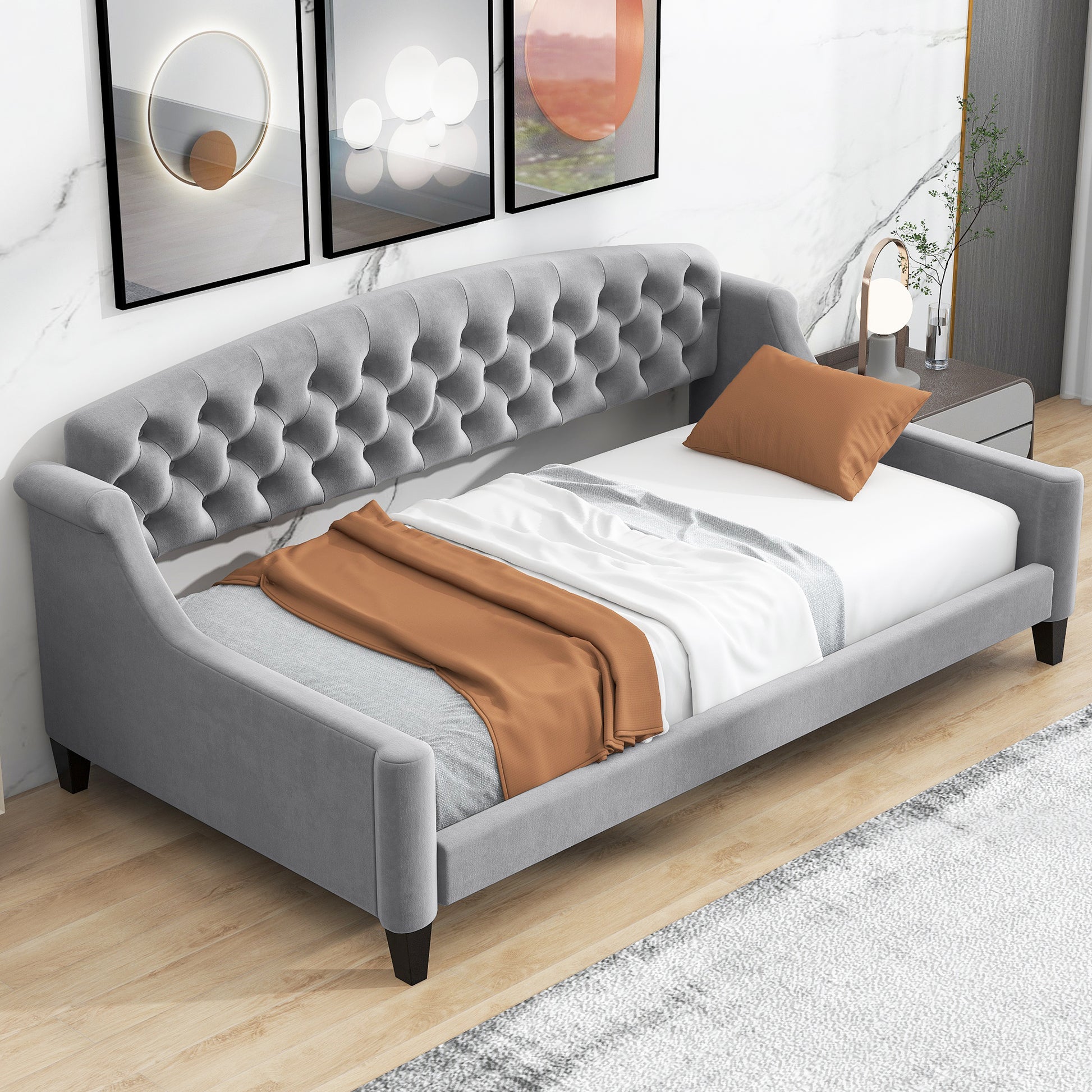 Modern Luxury Tufted Button Daybed,Twin,Gray Box Spring Not Required Twin Gray Wood Velvet Upholstered