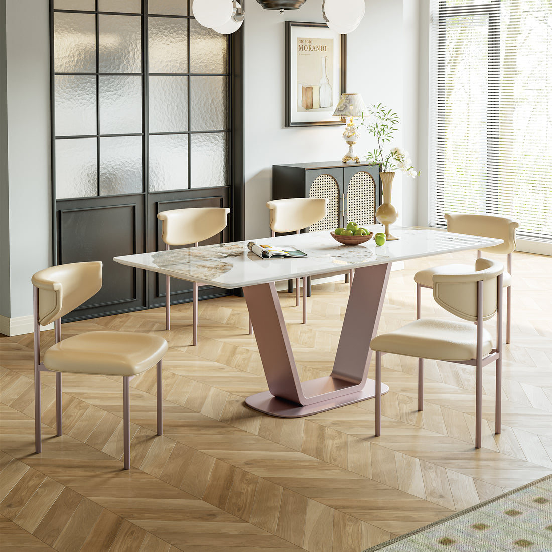 Pandora Carbon Steel And Red Copper Dining Table With Rock Plate Heavy Duty, Supports Up To 94.5 Kg Excluding Chairs White Carbon Steel